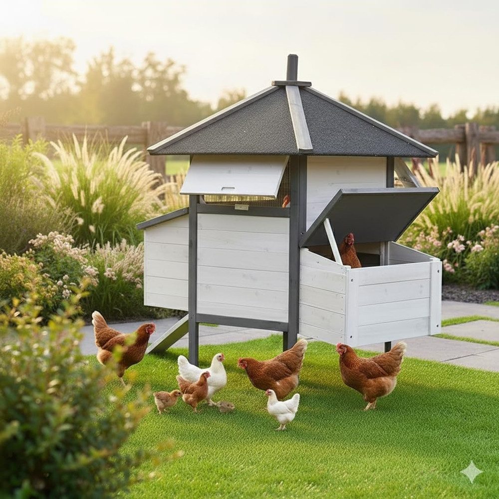 Mucola Kleintierkäfig Gefügelstall Hühnerhaus XXL 6-Ecken Freigehege Kleintierstall, für 5-8 Hühner