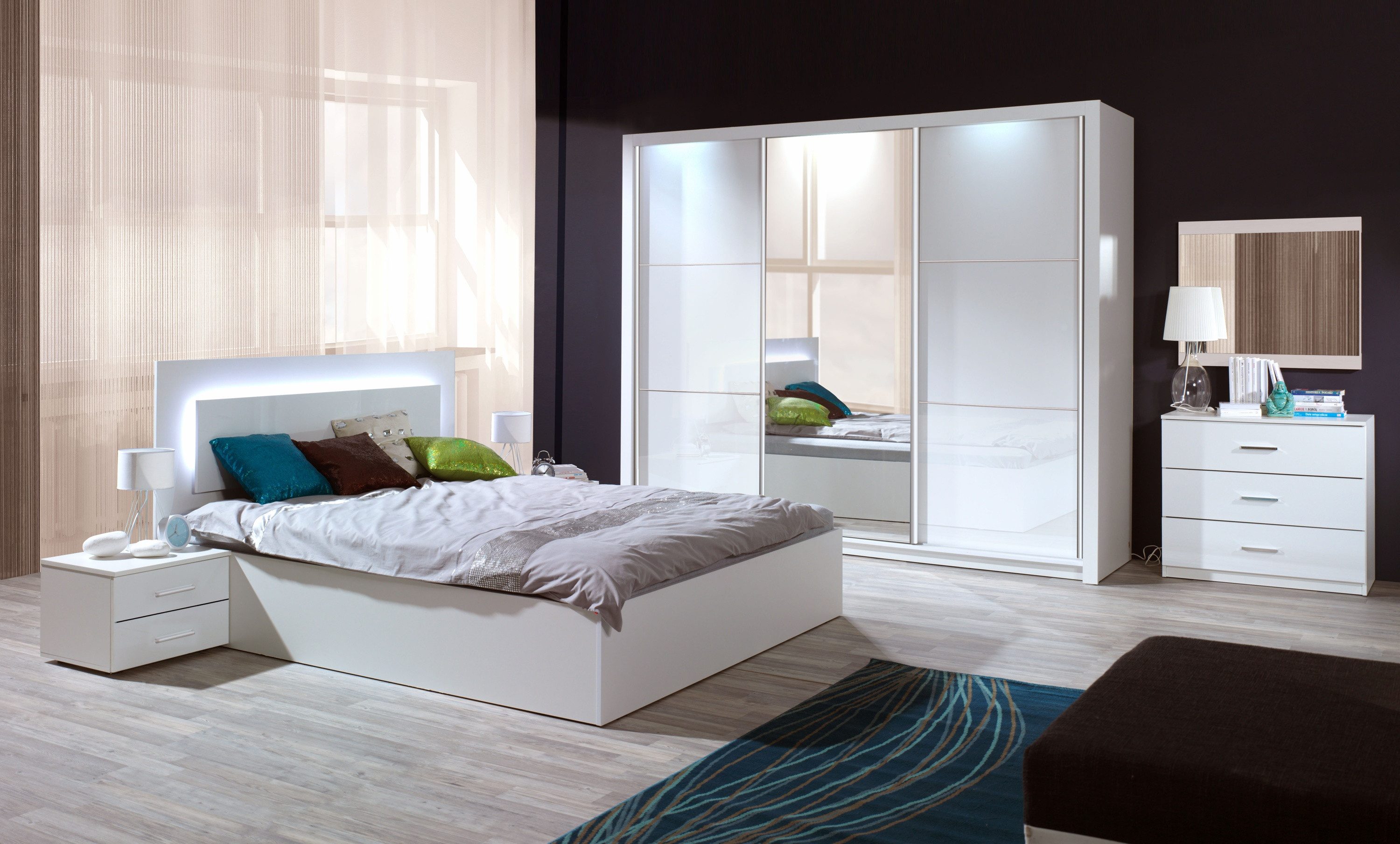 Raumhirsch Furniture Bettgestell Funktionsbett, Doppelbett 160x200, Bett (Maße: 166,6 x 100 x 204,4 cm (LED Beleuchtung, Weiß Hochglanz), stabile Konstruktion, Klassisches Design