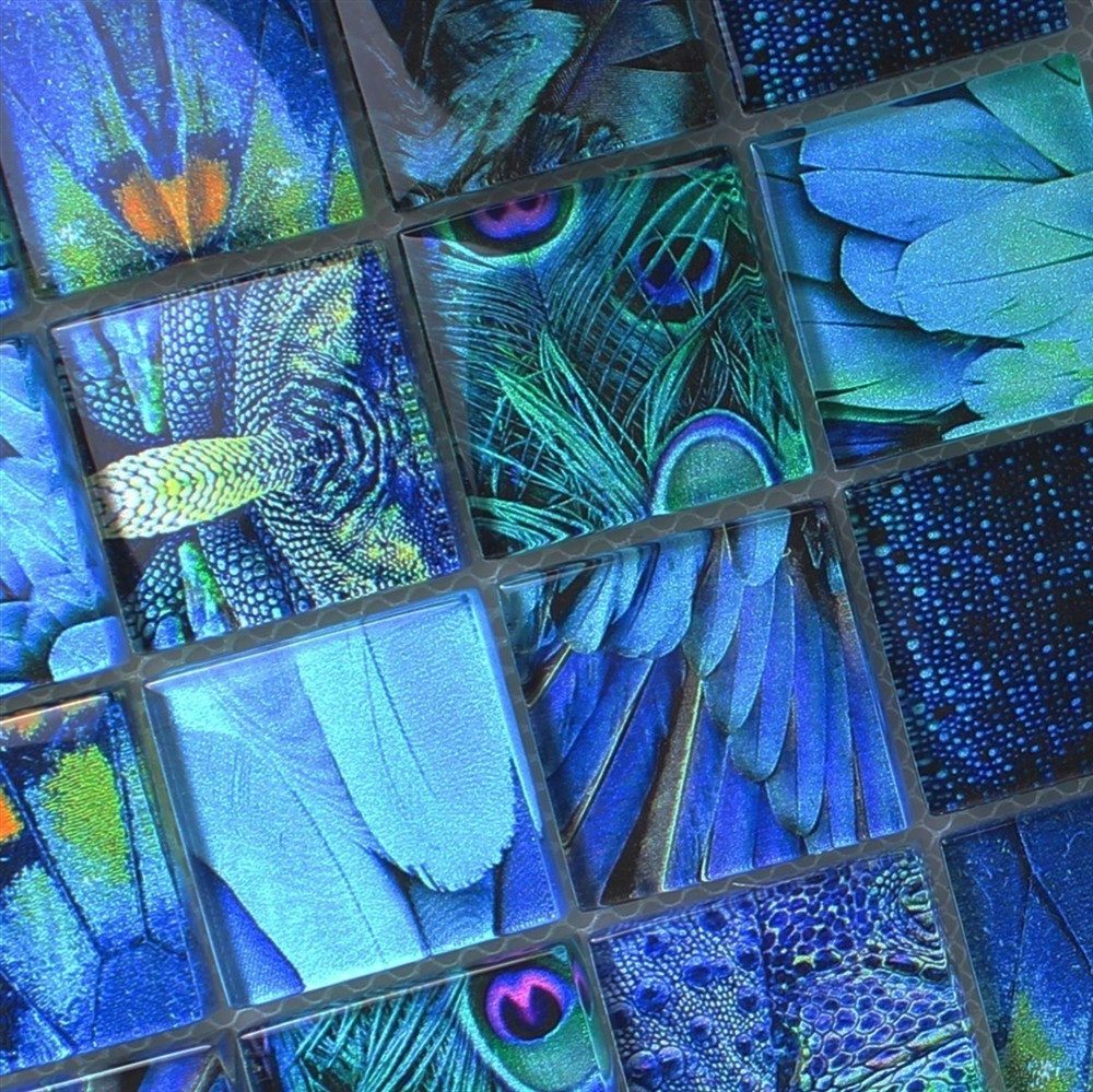 Mosafil Mosaikfliesen Glasmosaik Fliesen Peafowl, Glas 29.800x29.800, blau, Verlegefertig auf ein Netz geklebt - Wasserfest