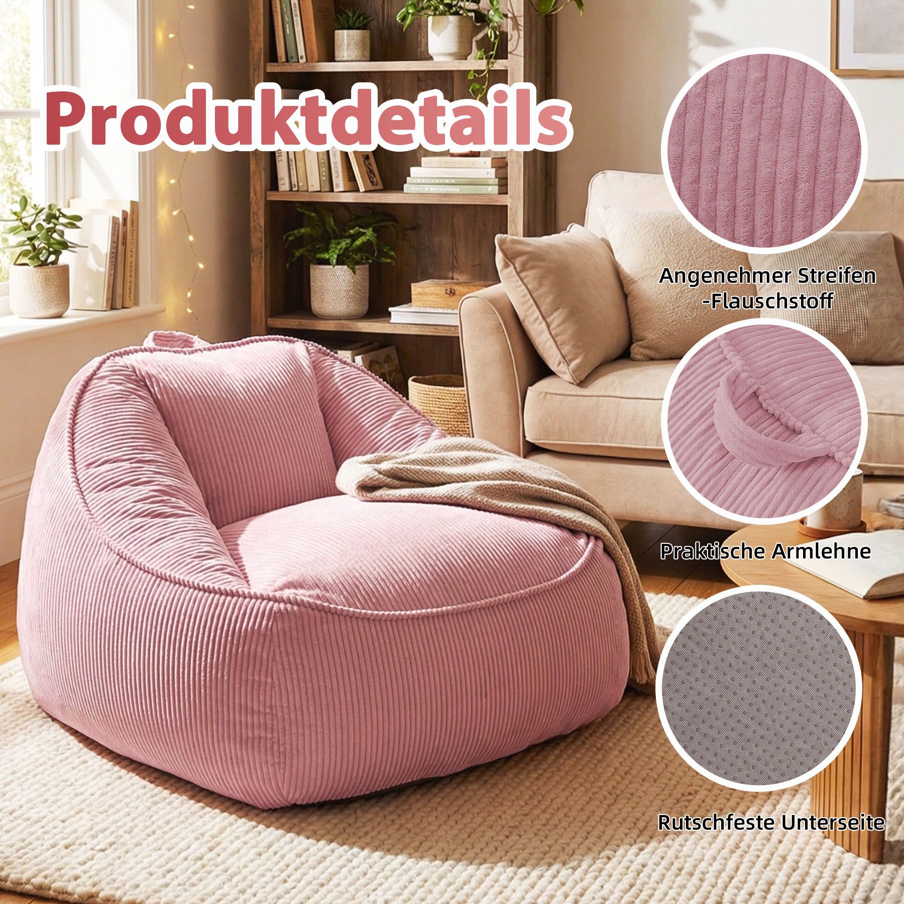 HomeMiYN Sitzsack Weicher Riesen Sitzsack aus Cord – Sessel fürs Wohnzimmer „Birne“ – Bild 3 von 5