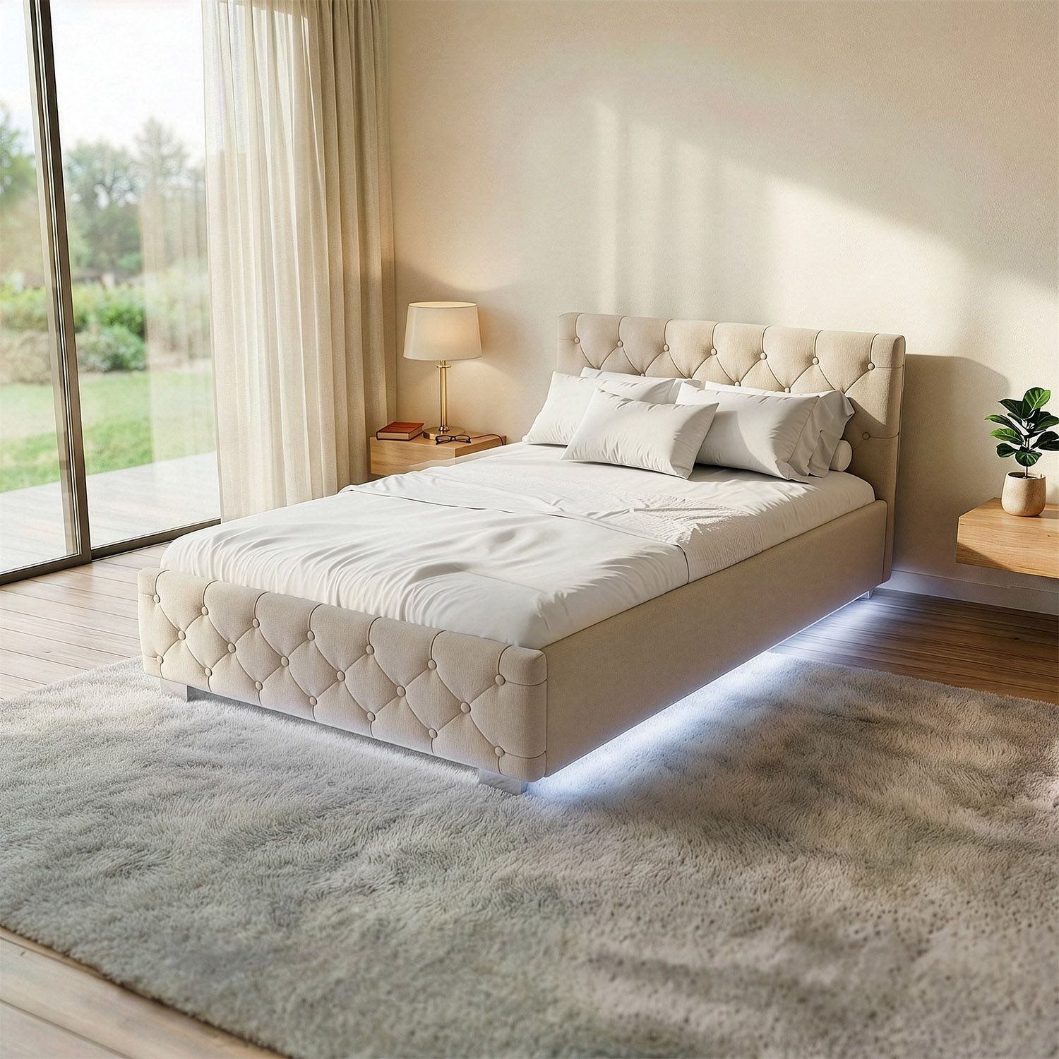 Juskys Polsterbett Nizza 120 x 200 cm in Beige aus Samt mit Bettkasten, LED & Lattenrost, Stauraumbett im Chesterfield-Stil mit Gasdruckfedern, bis 250 kg