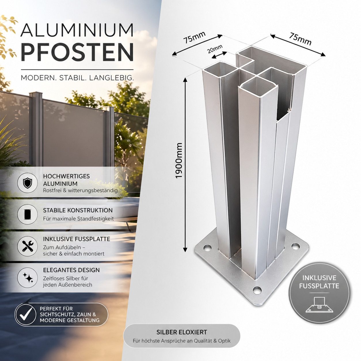 DeToWood Zaunpfosten Zaunpfosten für WPC Lamellenzäune, Stabile Bauweise aus Aluminium
