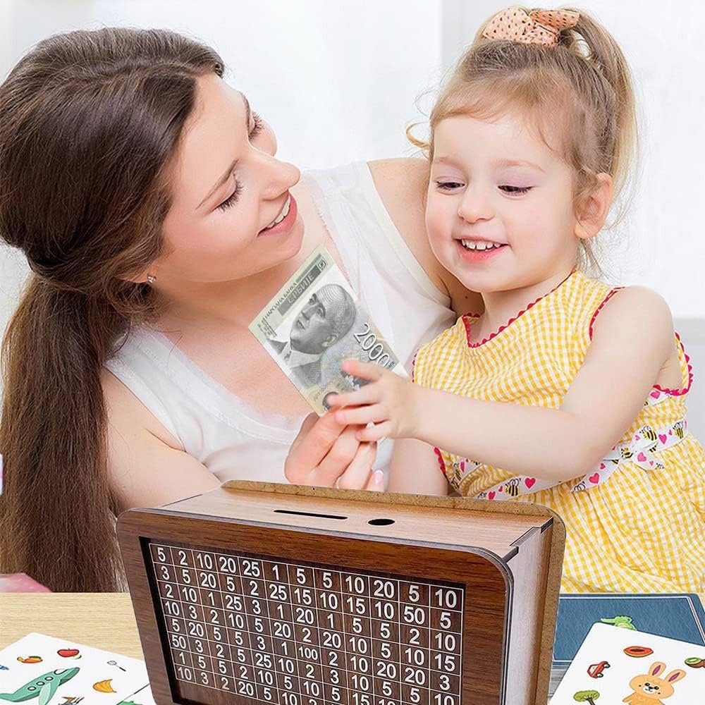 NUODWELL Spardose Kinder 1000 Spardose Holz für Holz, € Sparschwein, Geldbank Sparbox aus