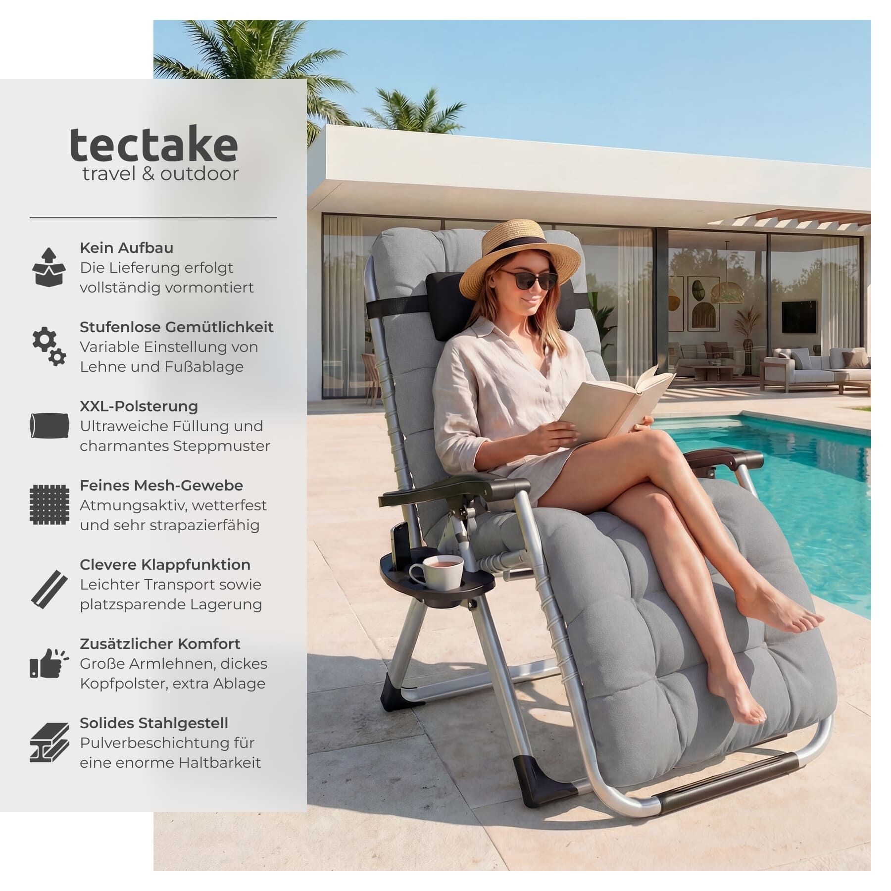 tectake Gartenstuhl Sonnenliege, klappbar, 84 x 168 x 82,5 cm, mit Ablagetisch (Terrassenstuhl Cloud für Außen in Hellgrau, 1 St), widerstandsfähig, Belastbarkeit 200 kg, inkl. Sitz- und Kopfpolster