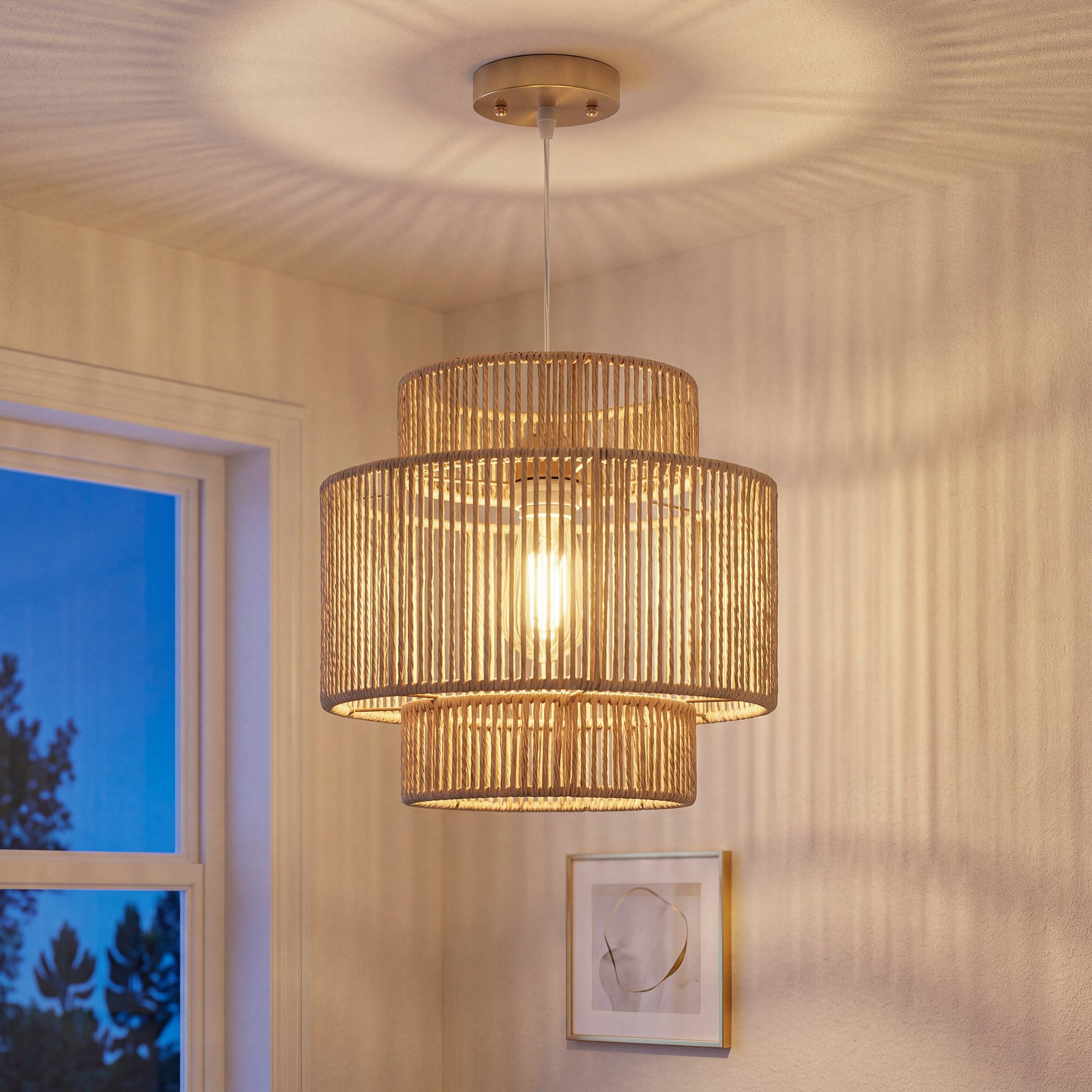 HOMCOM Pendelleuchte Hängelampe mit E27 Fassung, Boho-Stil, Hängeleuchte Deckenlampe, Beleuchtungsfunktionen, Halogenlampe, LED-Lampe usw., für Wohnzimmer, Schlafzimmer, Flur, Braun
