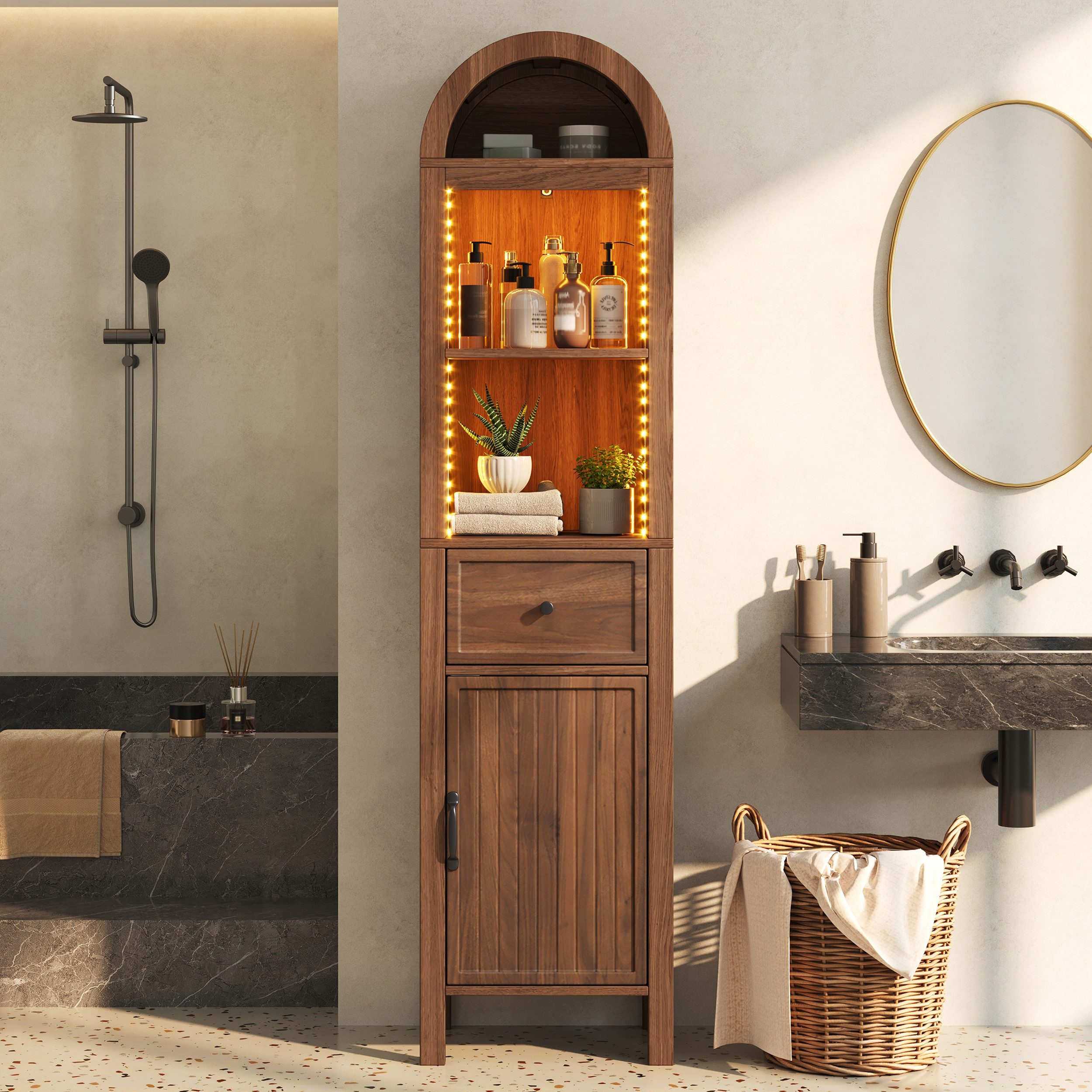 Merax Badkommode freistehender Hochschrank mit LED-Beleuchtung, Soft-Close & Kippschutz (40 × 30 × 163 cm, 1 St., für Wohnzimmer Küche Esszimmer Büro), Badschrank mit Klapptüren,Schubladen & höhenverstellbaren Einlegeböden