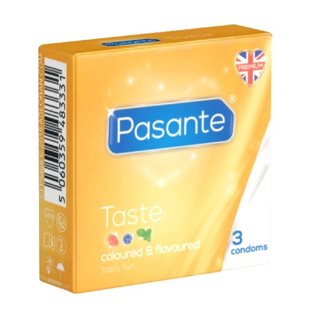 Pasante Kondome Pasante «Taste» (Flavours) aromatisch-bunte Kondome mit inspirierenden Aromen Packung mit, 3 St., bunte Kondome mit Geschmack, Kondome für Oralverkehr
