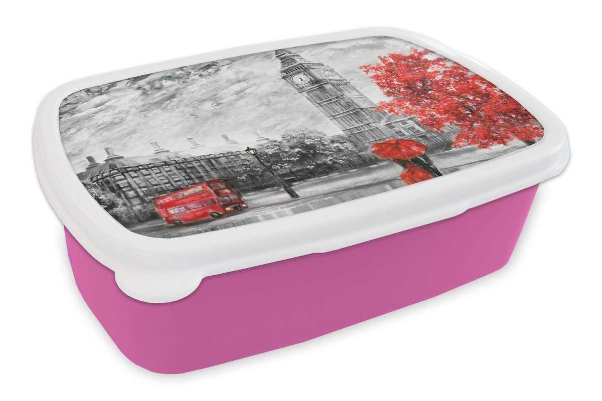 MuchoWow Lunchbox Gemälde - Big Ben - Rot - Regenschirm, Kunststoff, (2-tlg), Brotbox für Erwachsene, Brotdose Kinder, Snackbox, Mädchen, Kunststoff rosa