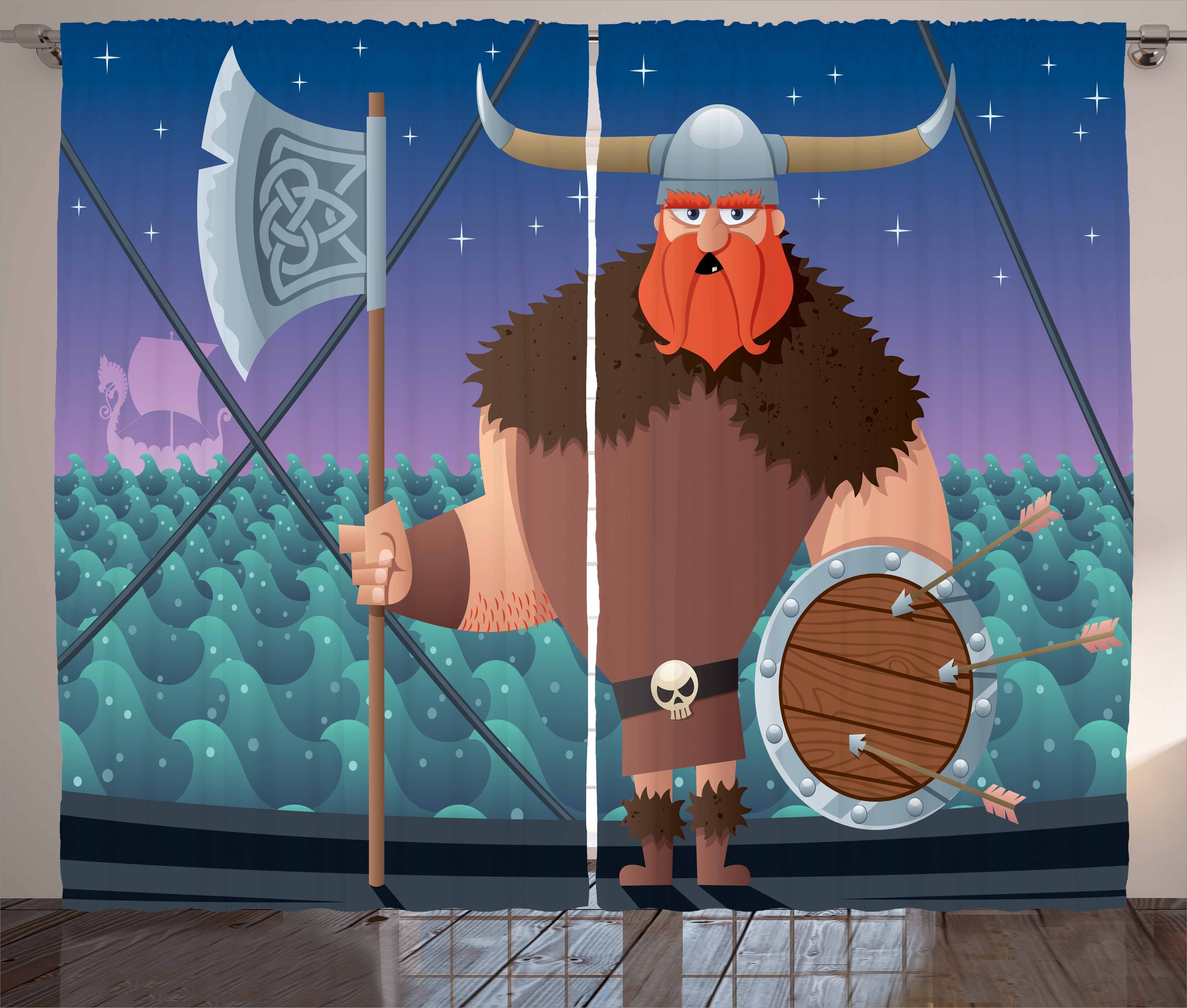 nordisch Viking mit Schiff Kräuselband Gardine auf Vorhang und Abakuhaus, Schlafzimmer Haken, Cartoon Schlaufen