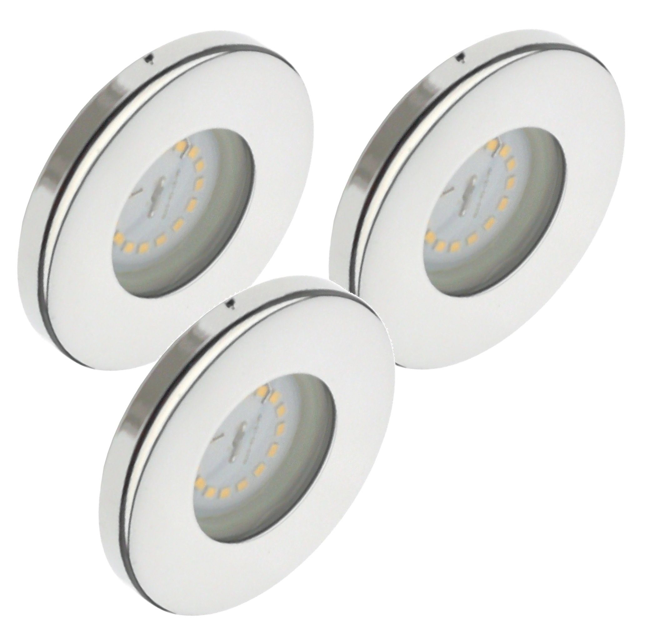 TRANGO LED Einbauleuchte, 3er Set 6729IP65-038MO IP65 LED Einbaustrahler aus Edelstahl poliert inkl. 3x 5 Watt 3000K warmweiß Ultra Flach LED Modul für Bad, Dusche, Einbauspots, Deckenstrahler, Deckenlampe Badleuchte