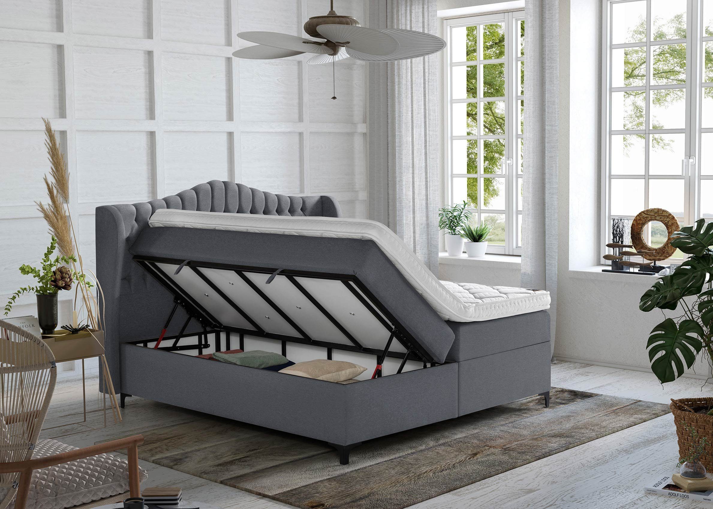 BettCo Stauraumbett Boxspringbett mit Bettkasten Maison (140 x 200 cm, 140 x 200 cm), XXL Bettkasten, Metallfüße, Topper optional