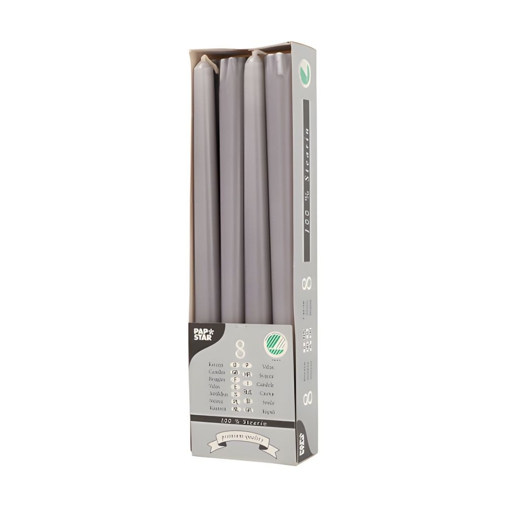 PAPSTAR Spitzkerze Leuchterkerzen Ø 2,2 cm, 25 cm grau aus 100 % Stearin 8 Stk