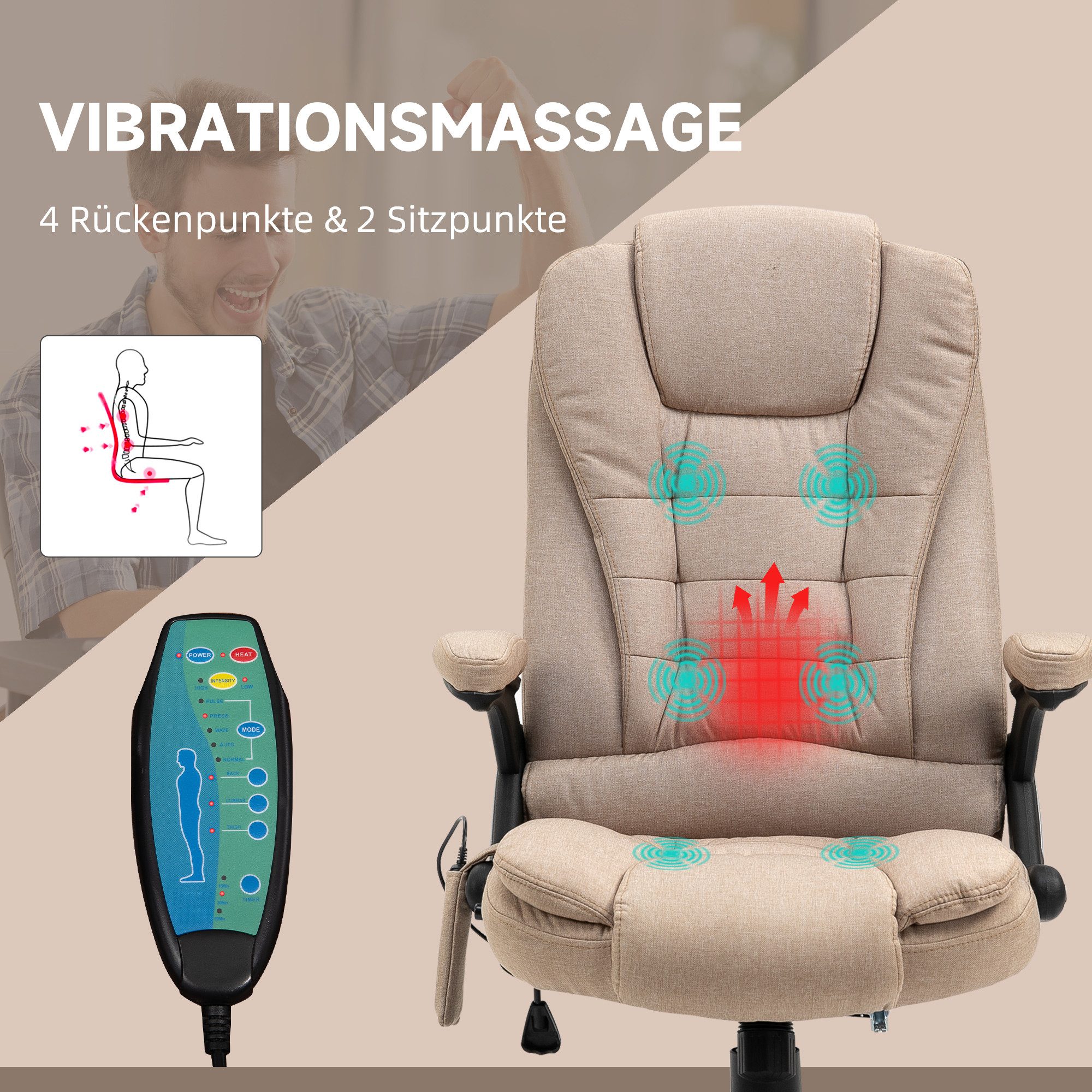 Vinsetto Schreibtischstuhl Ergonomischer Chefsessel Computerstuhl mit Heiz-/Liegefunktion (Massagesessel, 1 St), für Wohnbereich, Braun – Bild 4 von 5