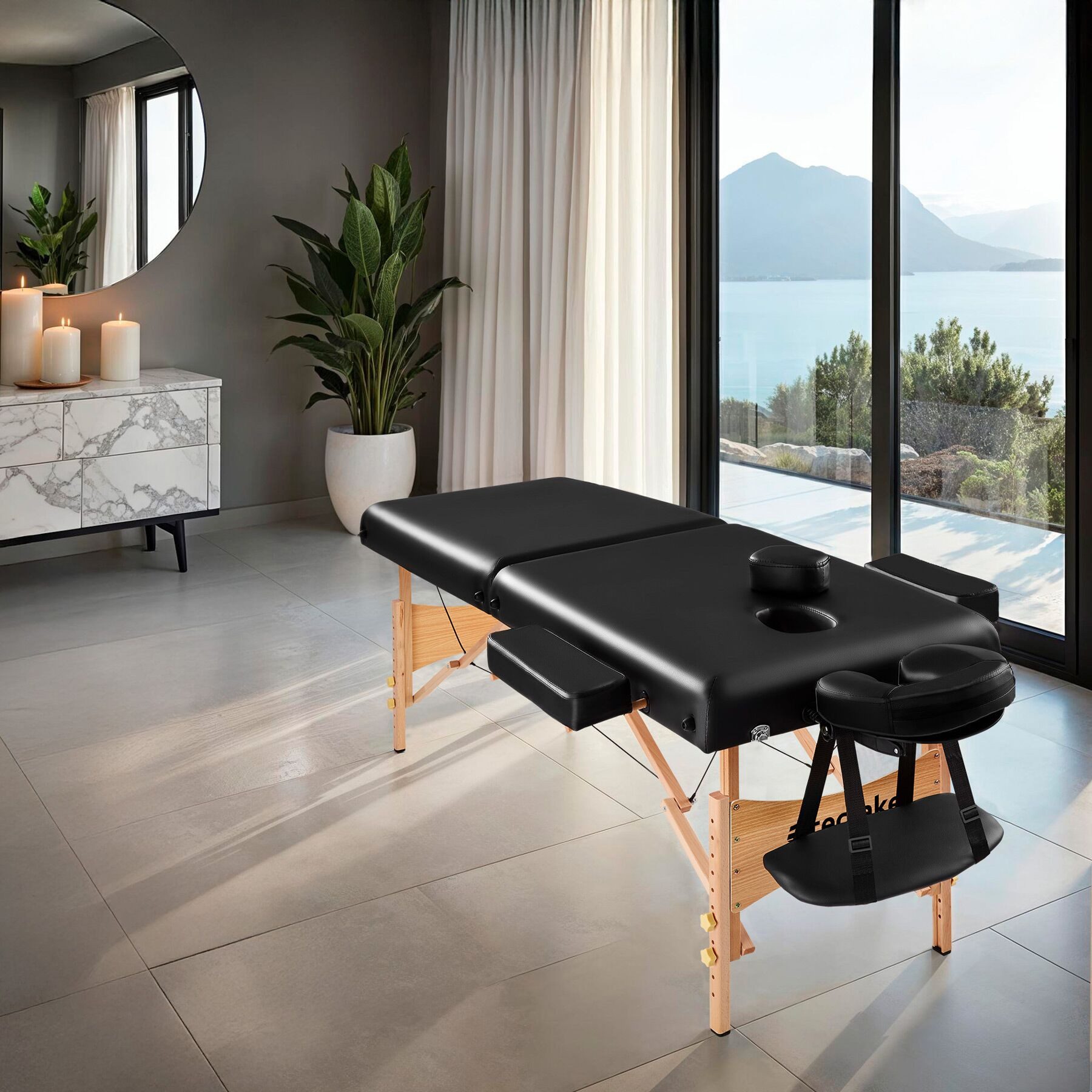 tectake Massageliege 2-Zonen-Liegen-Set 187 x 59 x 65,50 cm, 59 cm breit, 7,5-cm-Polster (Massagebank-Set Suman, 1-St., in schwarz), Holz, klapp-/höhenverstellbar, Kopf-/Armablagen, Rollen und Tasche