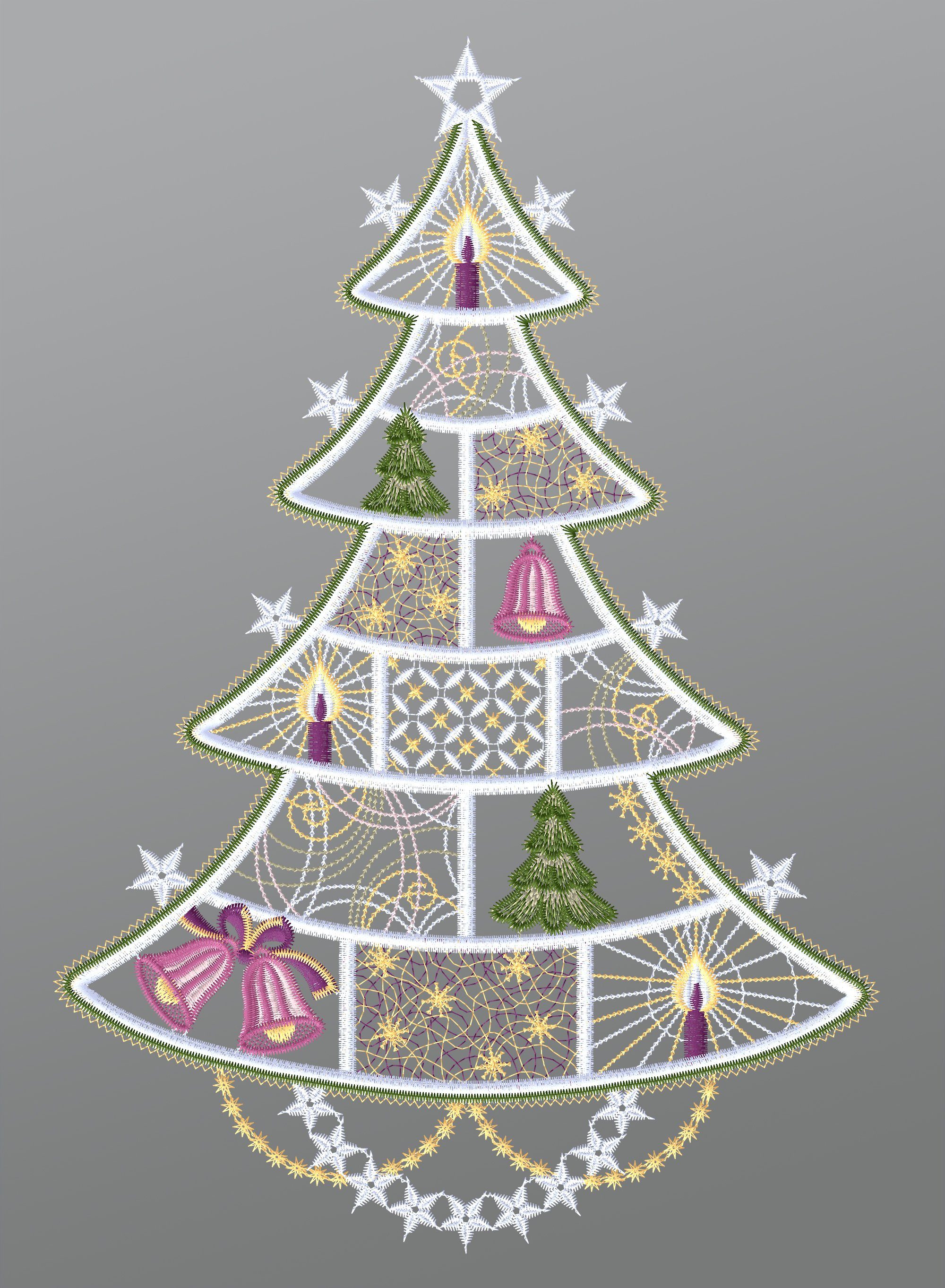 Plauener Spitze® Fensterbild Geschmückter Weihnachtsbaum, HxB 37x25cm