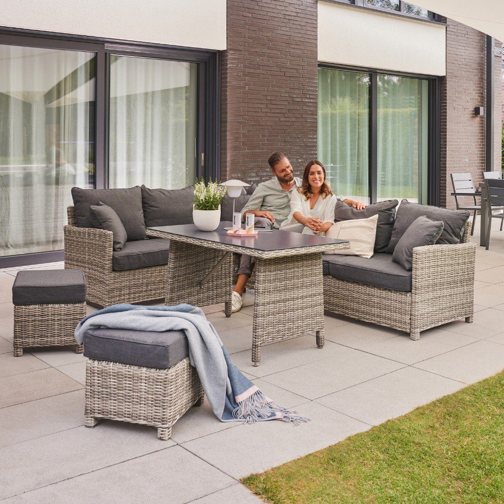HOME DELUXE Sitzgruppe Rattan Sitzgruppe - BAHIA, (4-tlg., inkl. Hocker, Tisch mit Glasplatte und Sitzpolster), Rahmen aus leichtem, extrastabilem und rostfreiem Aluminium