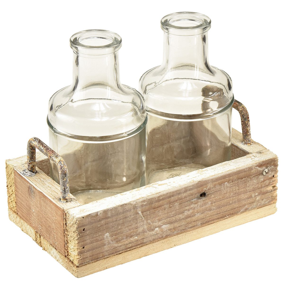 Tischvase Mini Vasen Glas Vintage Set Deko Tablett Holz 16x10x14cm