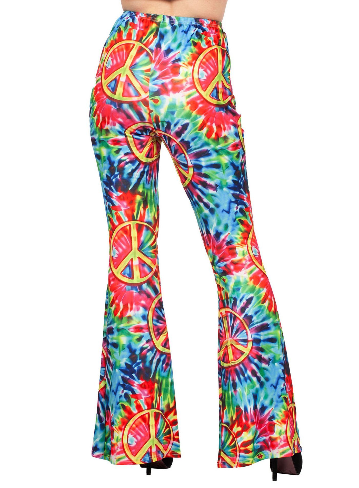 Metamorph Hippie-Kostüm Batik Peace Hippie Hose, Eng geschnittene Schlaghose im Batikdesign
