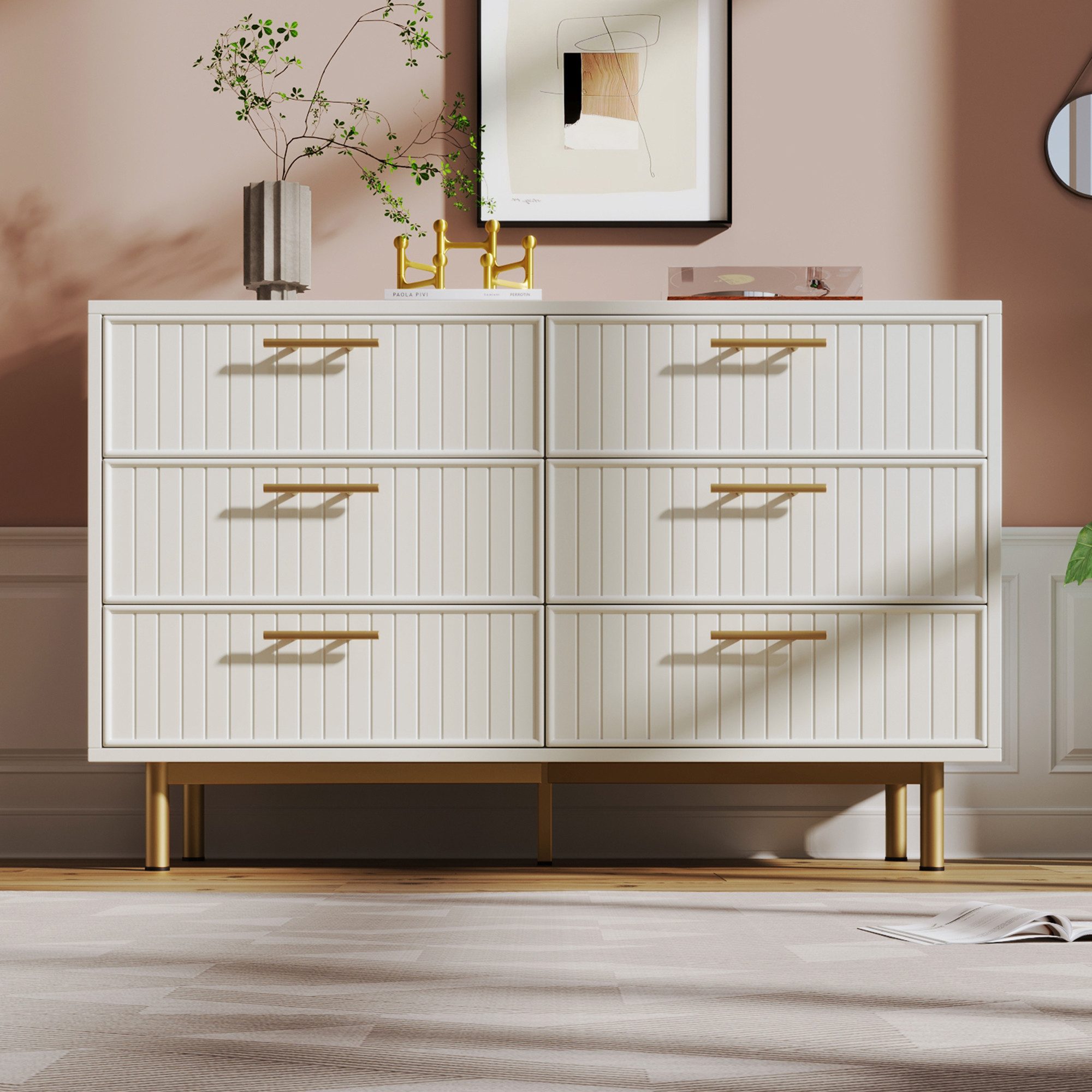 Sideboard Schubladenkommode Kommode mit 6 Schubladen, Weiß Sideboard Highboard