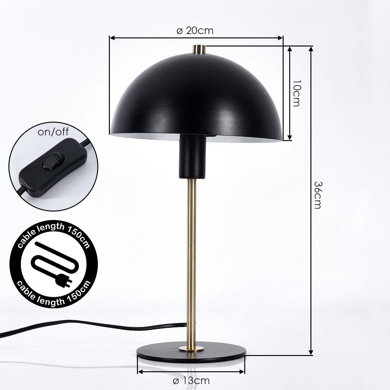 hofstein Tischleuchte moderne Nachttischlampe aus Metall in Schwarz/Goldfarben, ohne Leuchtmittel, RetroTischlampe, Ø20cm, 36cm, Schalter, 1 x E14, ohne Leuchtm – Bild 4 von 5