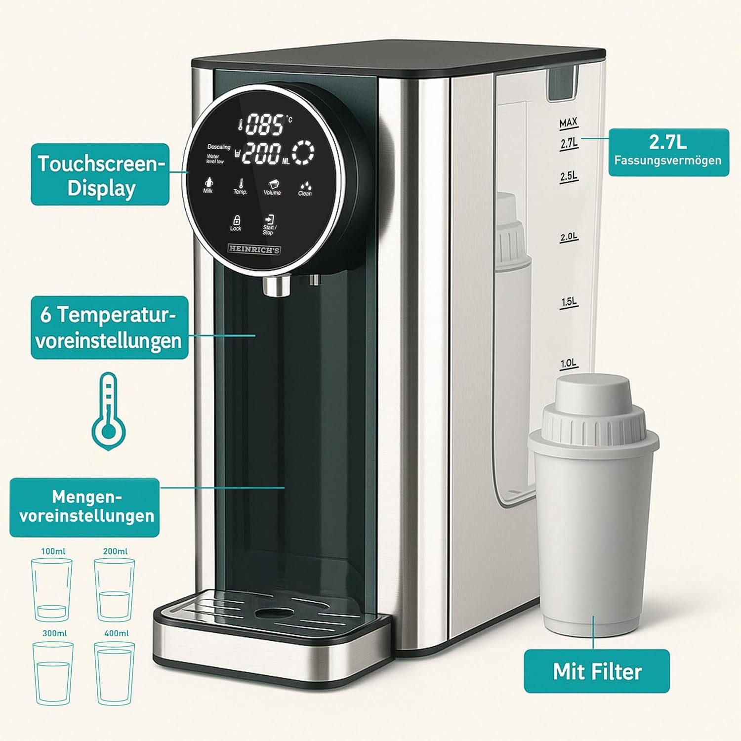 Heinrich´s Heißwasserspender HWS 8731 Wasserkocher, 2.7 l, 2600,00 W, 7 verschiedene Temperatureinstellungen, Wassertank abnehmbar