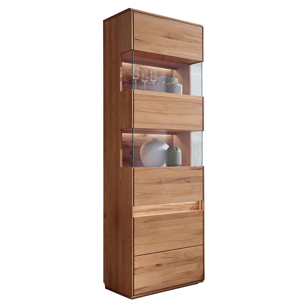 Lomadox Vitrine WELLAND-69 63 cm, Kernbuche massiv geölt mit LED-Beleuchtung, Türanschlag rechts