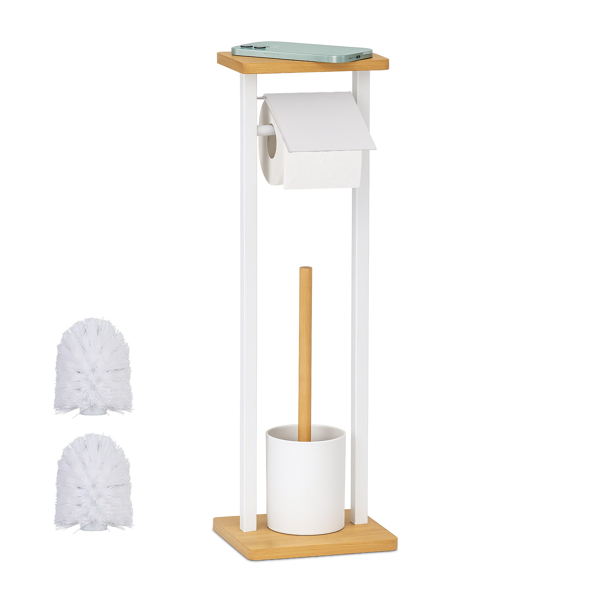 relaxdays WC-Garnitur mit Ablage, Handelsübliche WC-Bürstenköpfe, Handelsübliche Toilettenpapierrollen, (3-tlg), weiß