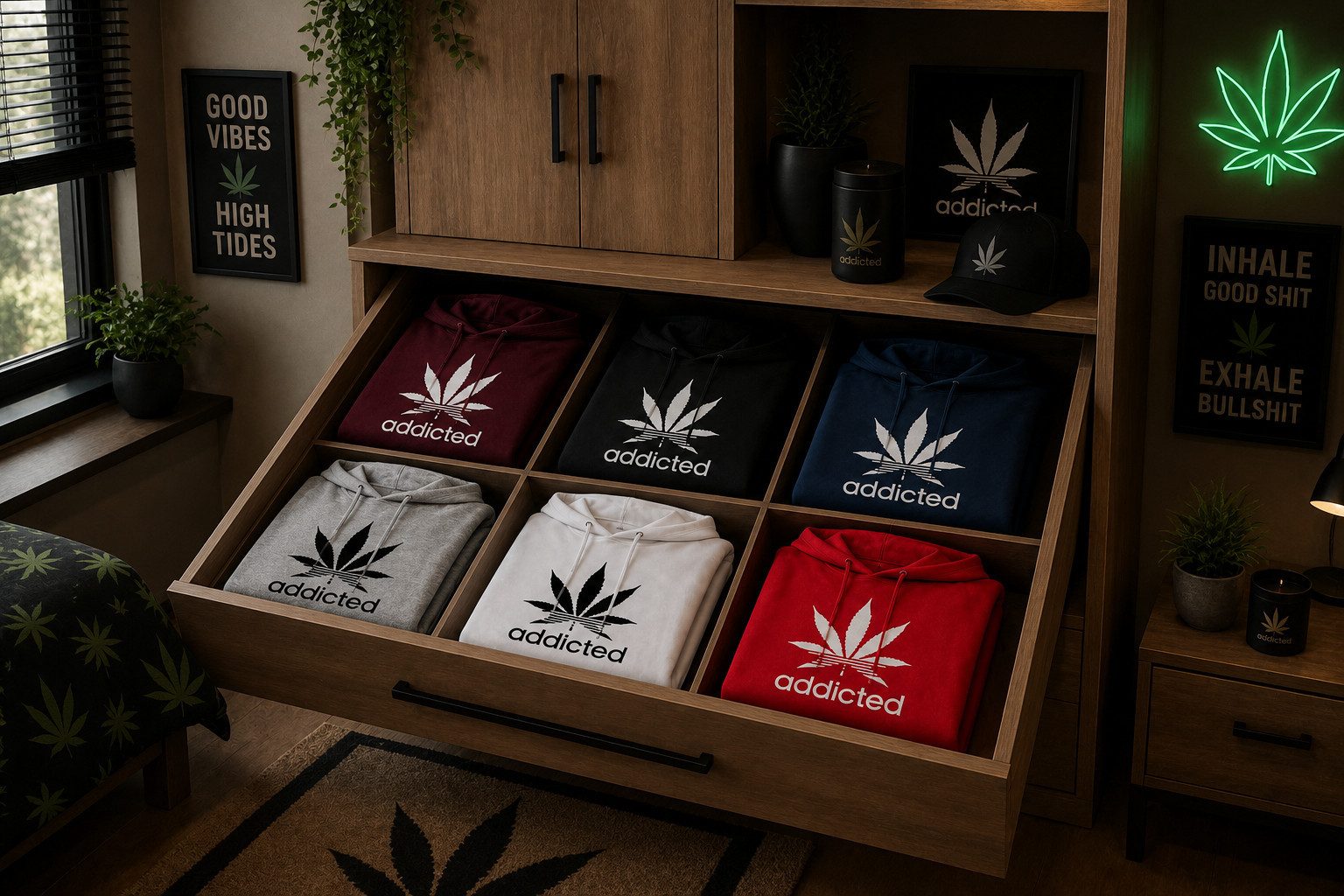 Blondie & Brownie Hoodie Addicted Hoodie Hanfblatt Print Kapuzenpullover Streetwear Damen (Einzelstück, Einzelartikel) Addicted D Hoodie Streetwear Print