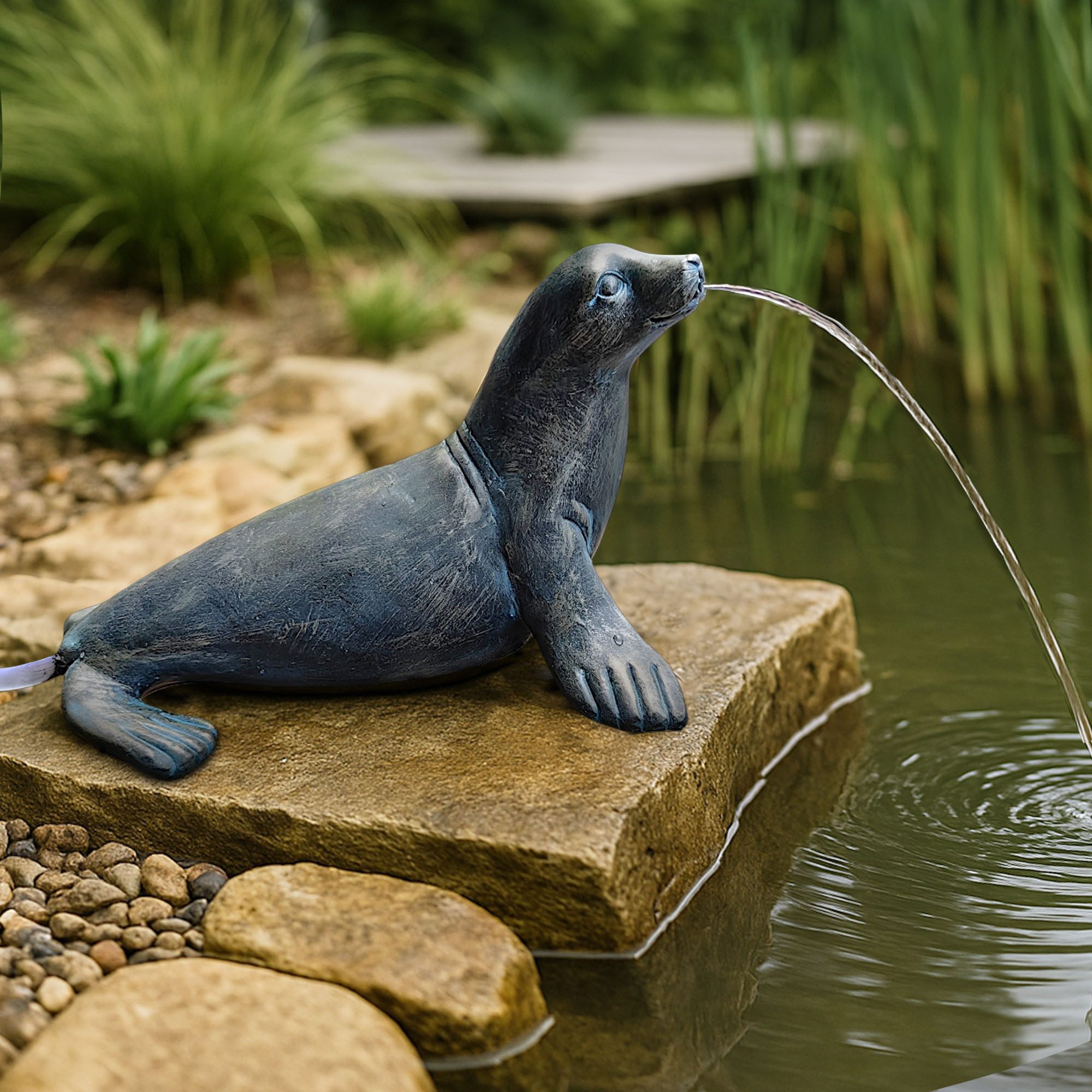 Arnusa Wasserspeier Seehund Gartendeko in Kupferoptik Solarbrunnen, solarbetrieben Teichfigur mit Solarpumpe & Wasserspiel – Bild 4 von 5