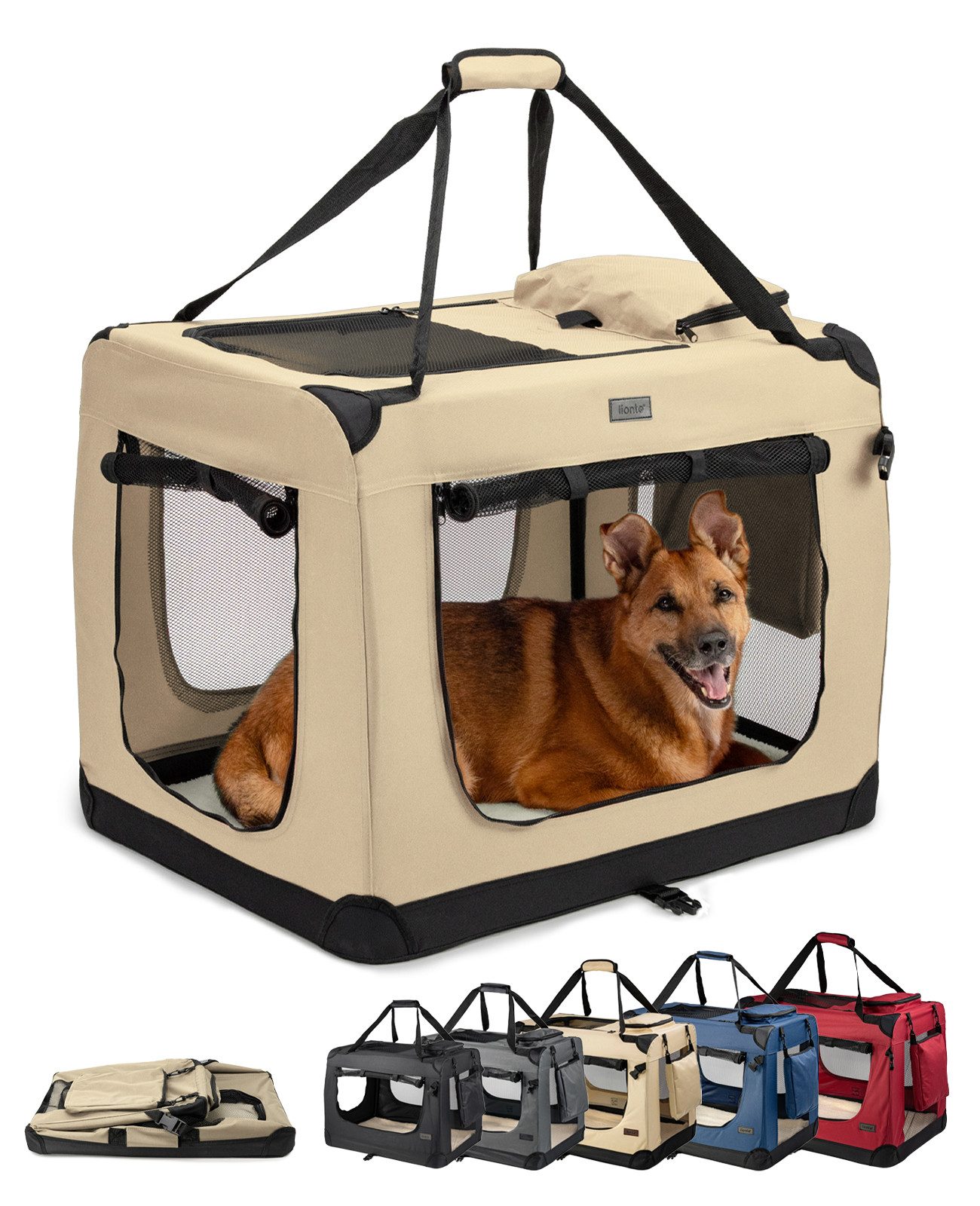 lionto Tiertransportbox stabil aus Textil, für Hunde und Katzen bis 18 kg, 82x58x58 cm, beige