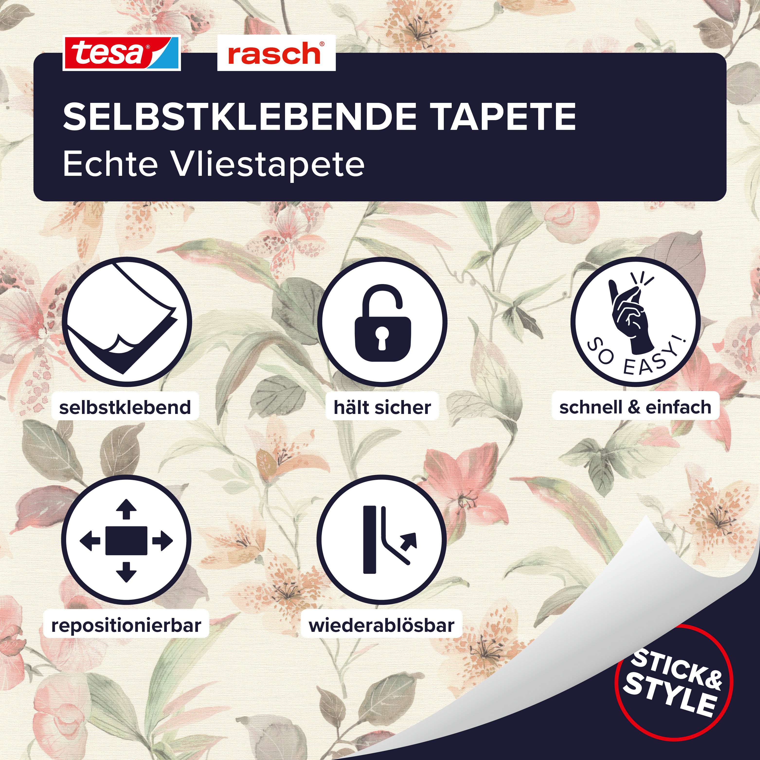 Rasch Vliestapete Lumina - Selbstklebende Tapete Blumen von tesa® x rasch®, strukturiert, floral, geblümt, botanisch, Landhausstil, (1 St), selbstklebend, 6,00m x 0,53m