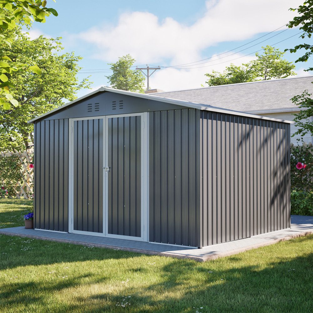 BBWL Gerätehaus 300x252x191 cm mit Satteldach, Schiebetüren, Belüftung, Stahlrahmen, BxT: 300x252 cm, Metall Geräteschuppen Gartenhaus XXXL für Werkzeug