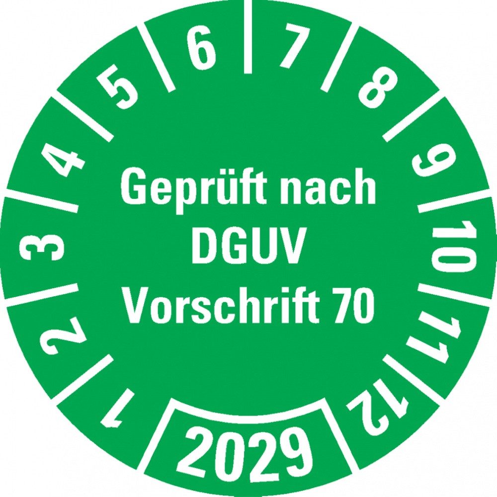 Hinweisschild Prüfplakette Geprüft nach DGUV Vorschrift 70, 2029, grün, Folie, Ø30mm