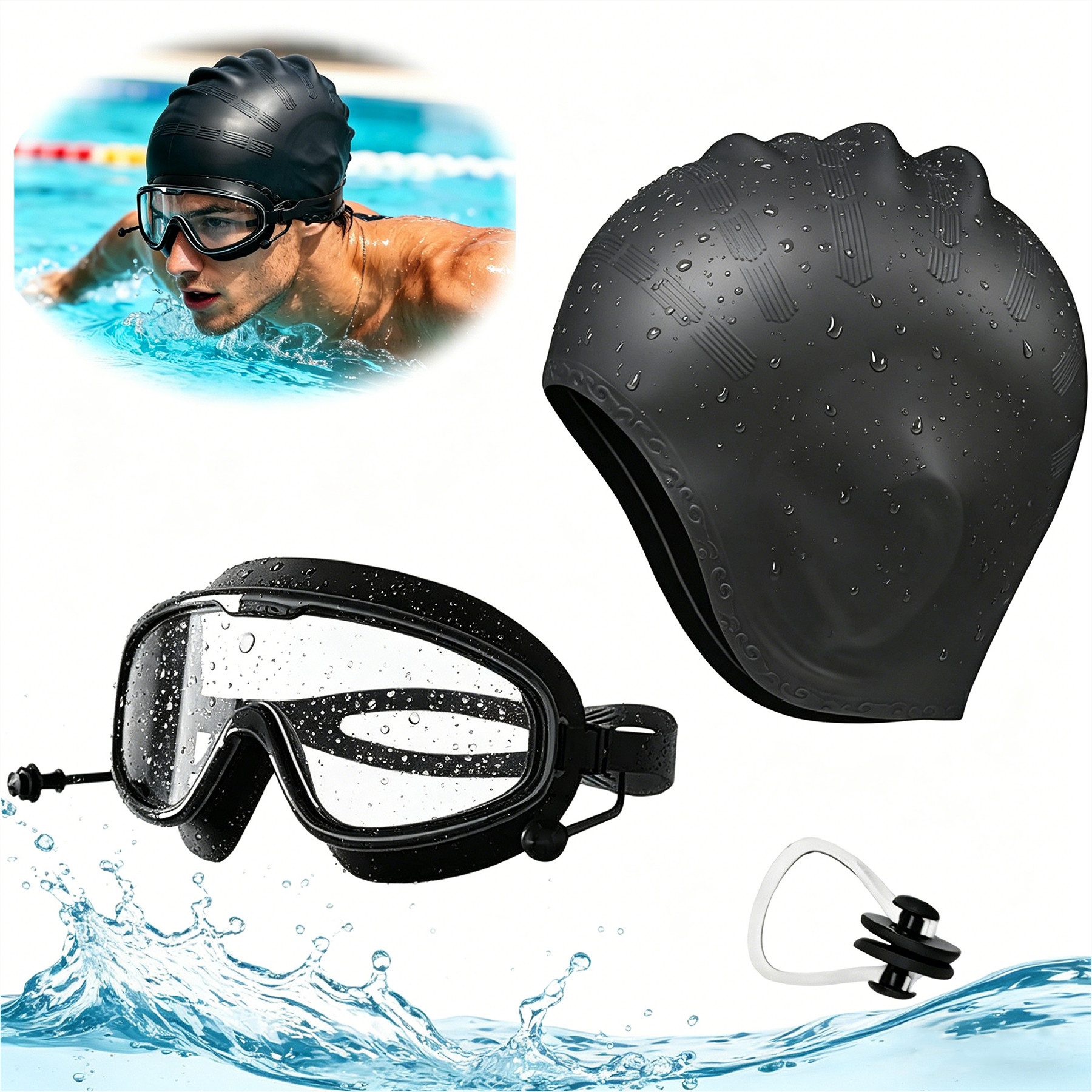 Mutig Schwimmbrille Schwimmbrille Set mit Badekappe & Nasenklammer HD Anti-Beschlag Unisex, (3D-Ohrenschutz Schwimmkappe aus Silikon für Damen & Herren, Schwimmmaske mit Großen Gläsern Wasserdicht &  Anti Fog Klar Weitwinkel), Premium Komfort für Training & Freizeit – für Erwachsene & Jugendliche