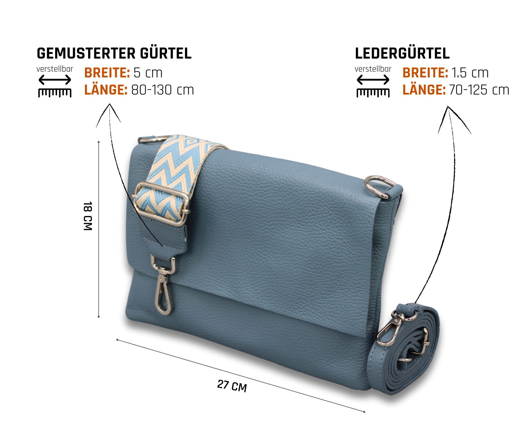 Adel Bags Schultertasche CALI Schlanke Tasche mit 3 Fächer, Slim Crossbody Bag Echtes Leder