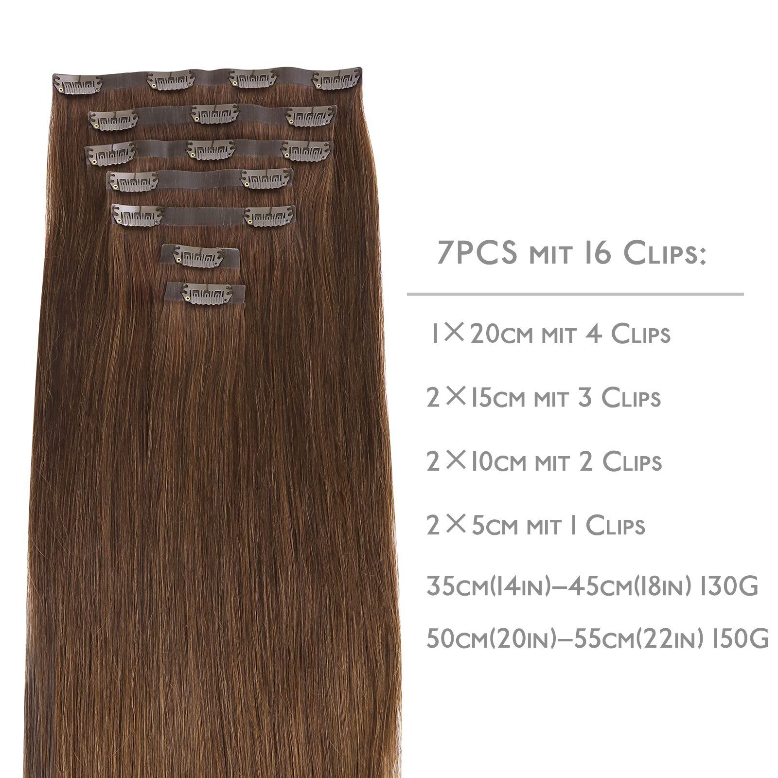 130 Nahtlose 7 Clip-in-Haarverlängerungen, g, Echthaar-Extension Stück, schokoladenbraune Wennalife