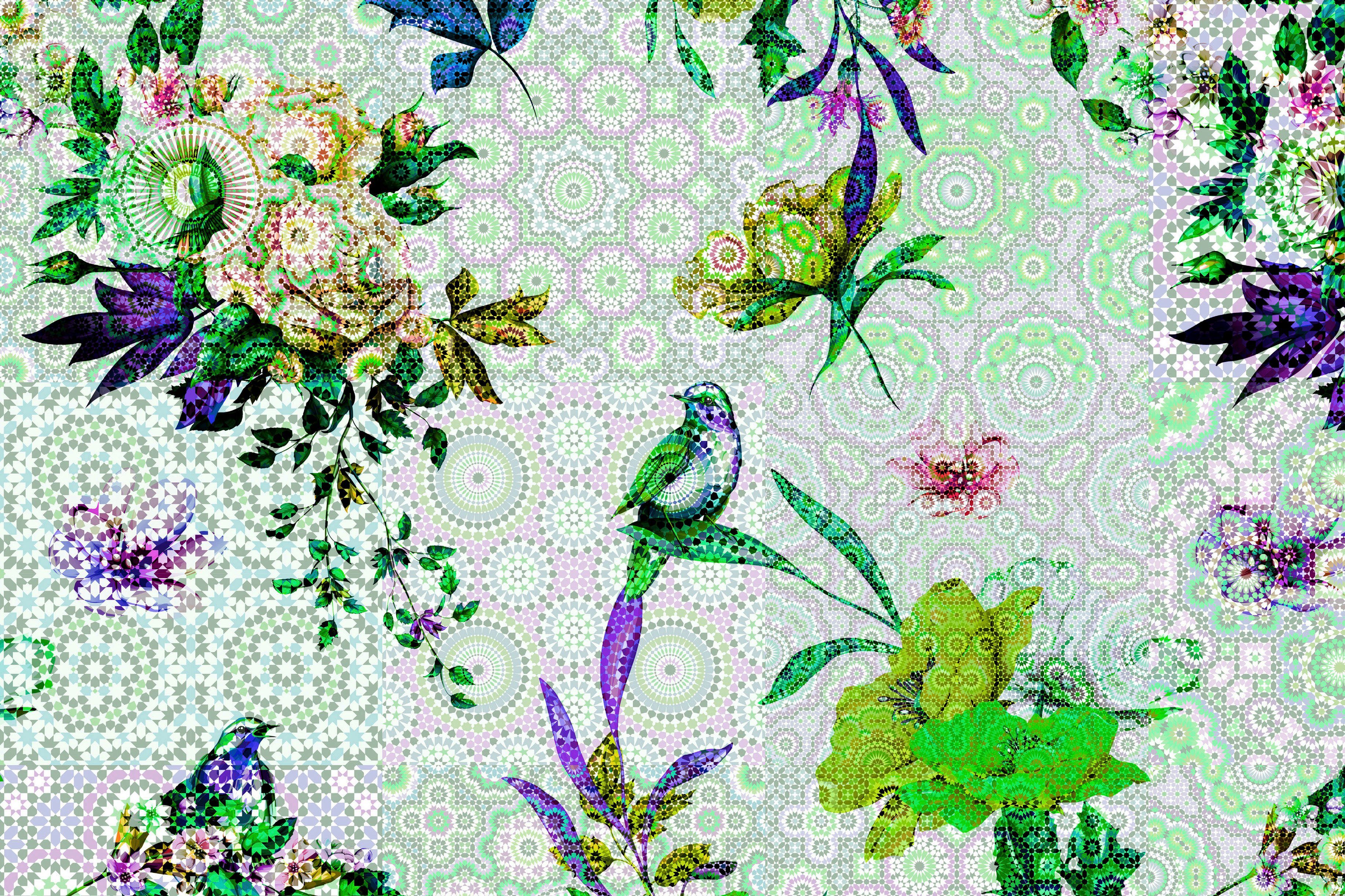 A.S. Création Leinwandbild mosaic garden, Keilrahmen Blumen Vögel Floral grün, blau Bild St), lila, Vögel (1 Mosaik