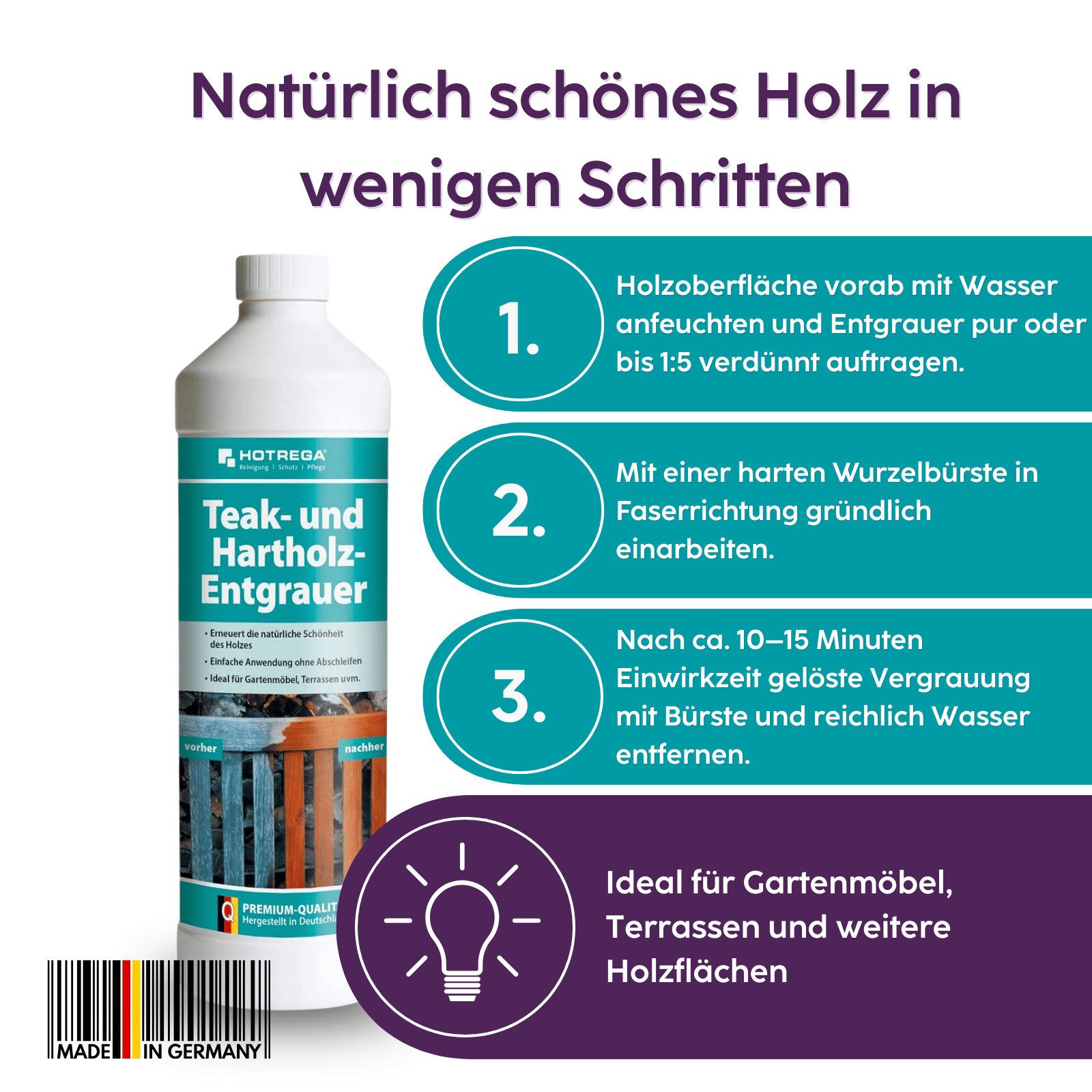 HOTREGA® Teakholz Entgrauer Teak Hartholz entgrauen Teak Holz Stühle Tische 1L Pflegeset