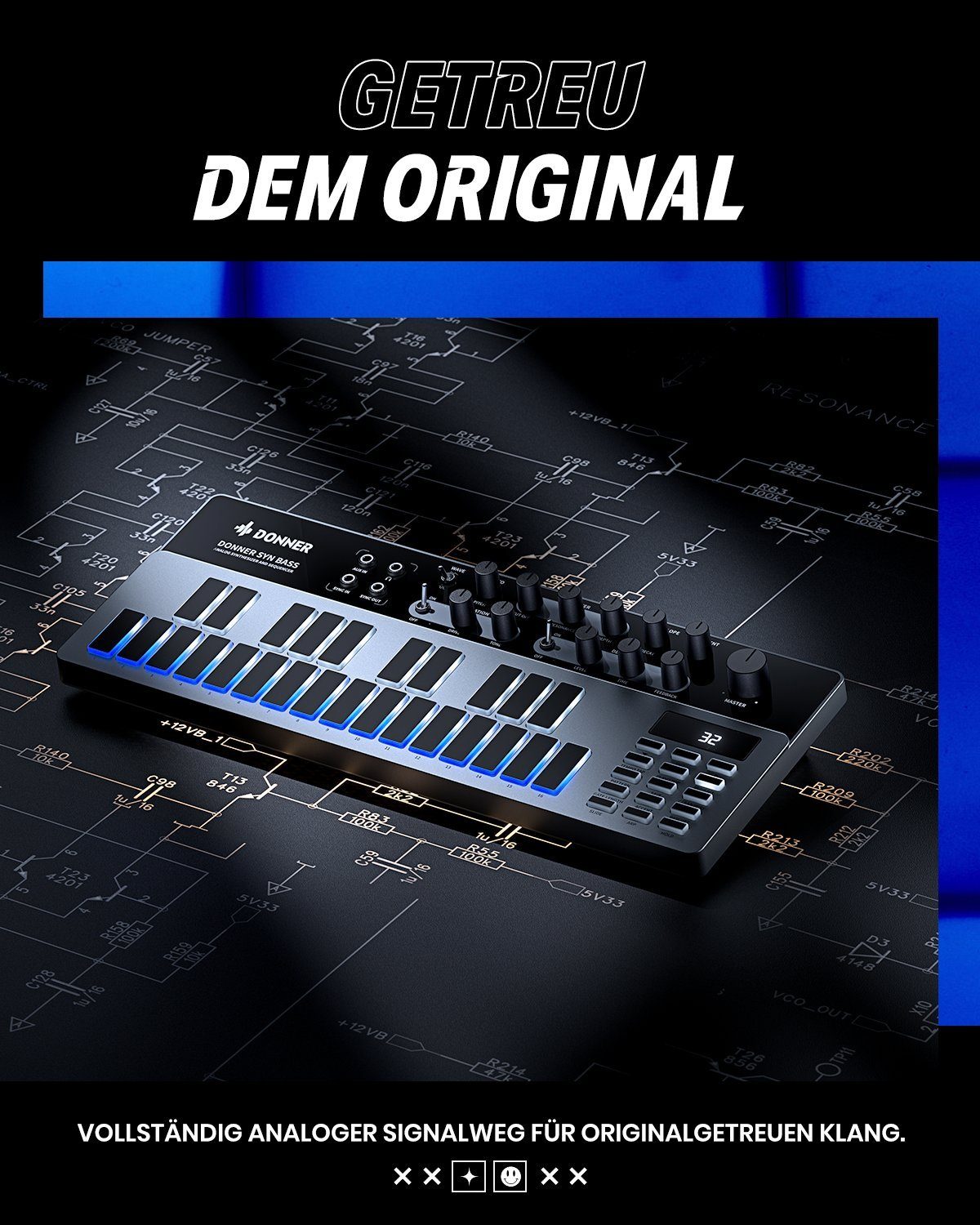 Donner Synthesizer Analoger Bass-Synthesizer und Sequenzer Essential B1, intuitiver Benutzeroberfläche,128 Musterspeicher