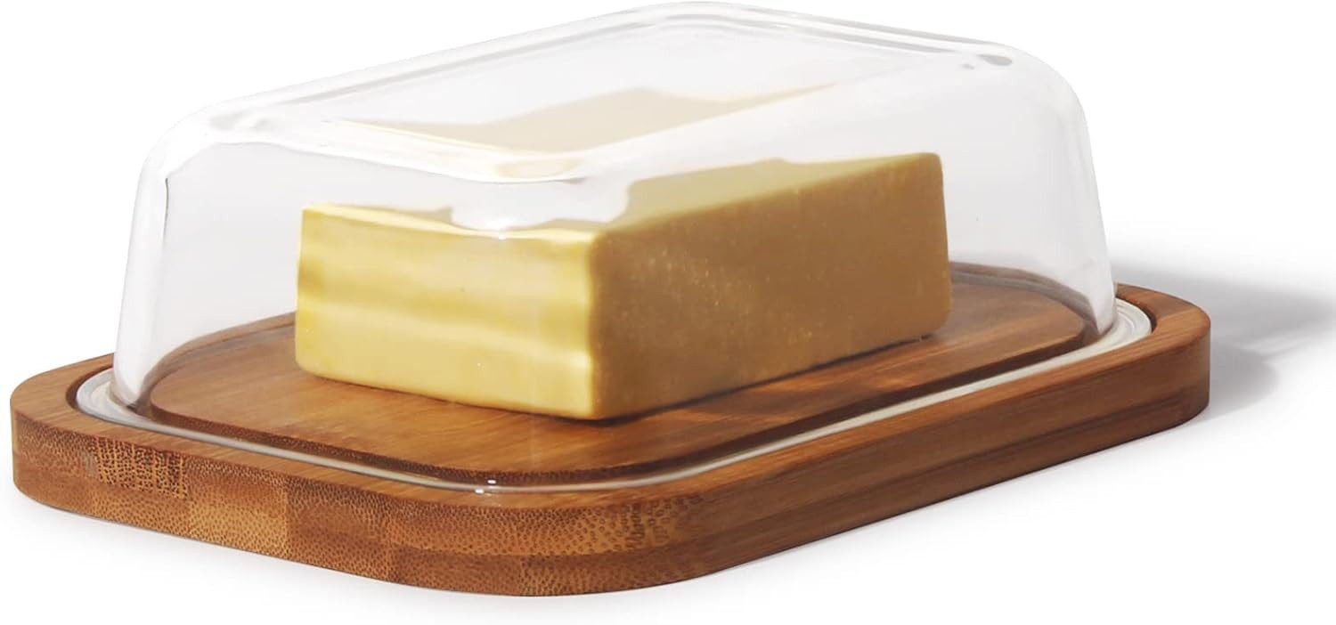 Zedelmaier Butterdose Butterdose,Butterglocke für 250g Butter,mit nachhaltigem holzdeckel, (Packung, HYH001&4), Butterdose aus Boraxglas & Naturdeckel aus rundem Rand