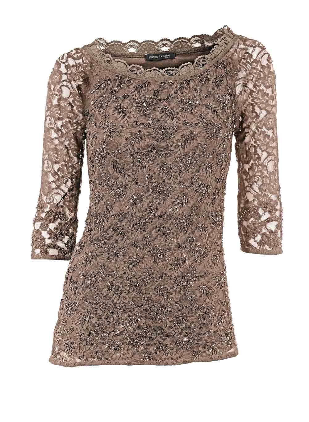 Ashley heine mit Damen Spitzenshirt by Brooke Pailletten, Designer-Spitzenshirt Ashley Brooke taupe