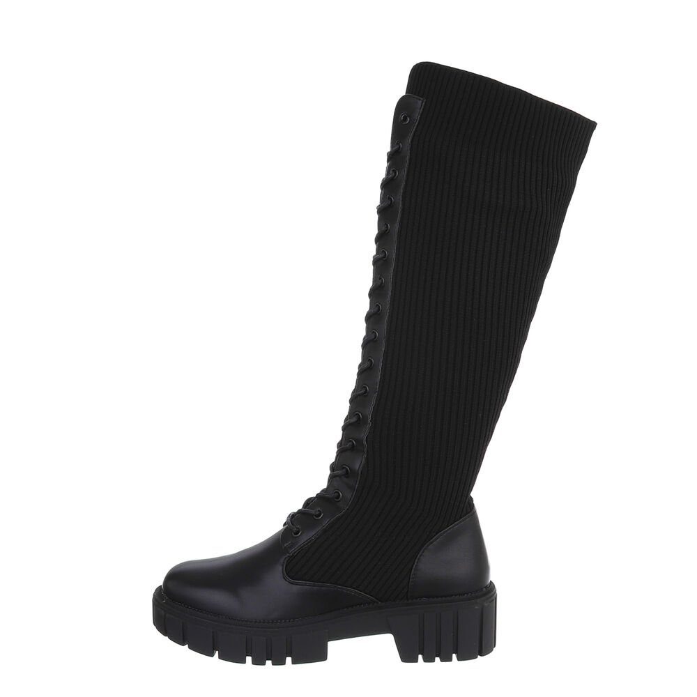 Plateaustiefel in Schwarz Damen Ital-Design Blockabsatz Freizeit Schnürstiefel Schnürschuhe