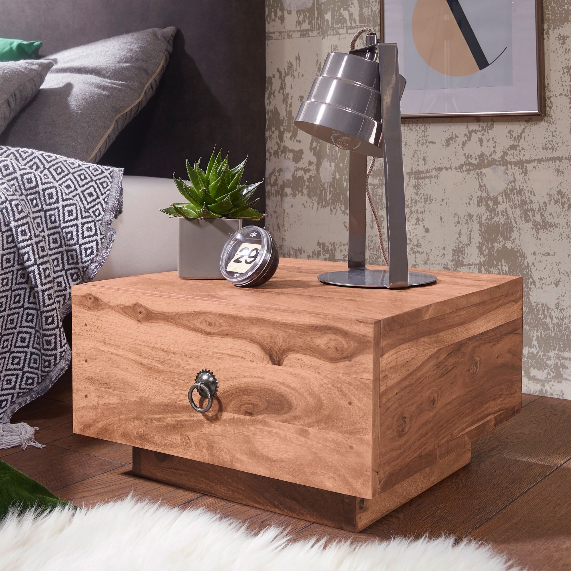 FINEBUY Nachtschrank SuVa3532_1 Nachttisch Massiv-Holz Nacht-Kommode 25 cm hoch Schublade (Nachtkästchen Stauraum, Nachttisch Nachtkommode) Akazie Massivholz 40x40x25 cm mit Schublade Modern
