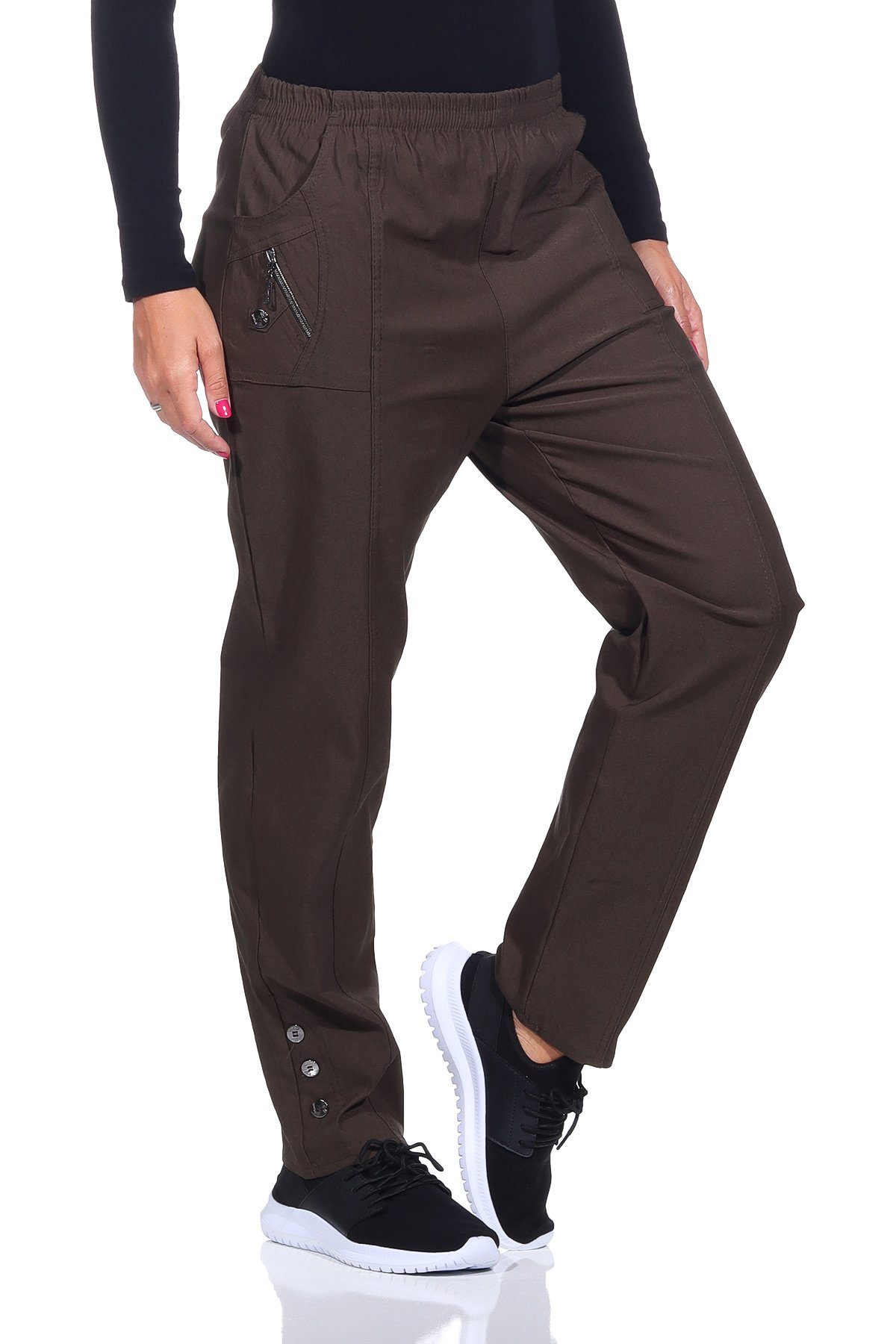 Aurela Damenmode Thermohose Schlupfhose für Damen Übergangshose mit leichtem Thermofleece (1-tlg) auch in großen Größen erhältlich, für milde Herbst-/Wintertage Braun