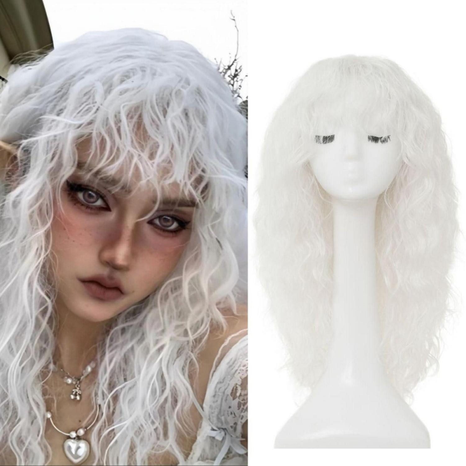 LuxusKollektion Kostüm-Perücke Perücke lang lockig Pony synthetisch Cosplay Halloween White