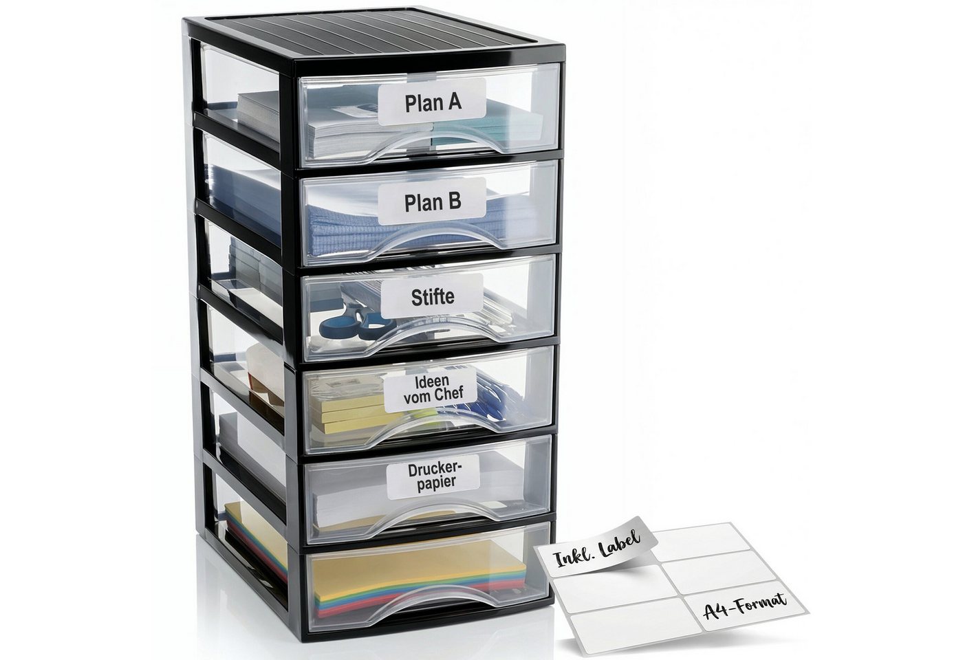 Hausfelder Schubladenbox Schubladenschrank A4 mit 6 Schubladen inkl. Aufkleber, (1-St., A4 mit 6 Schubladen + Aufkleber, Kunststoff), leicht zu reinigen, BPA-freier Kunststoff, verschiedene Größen