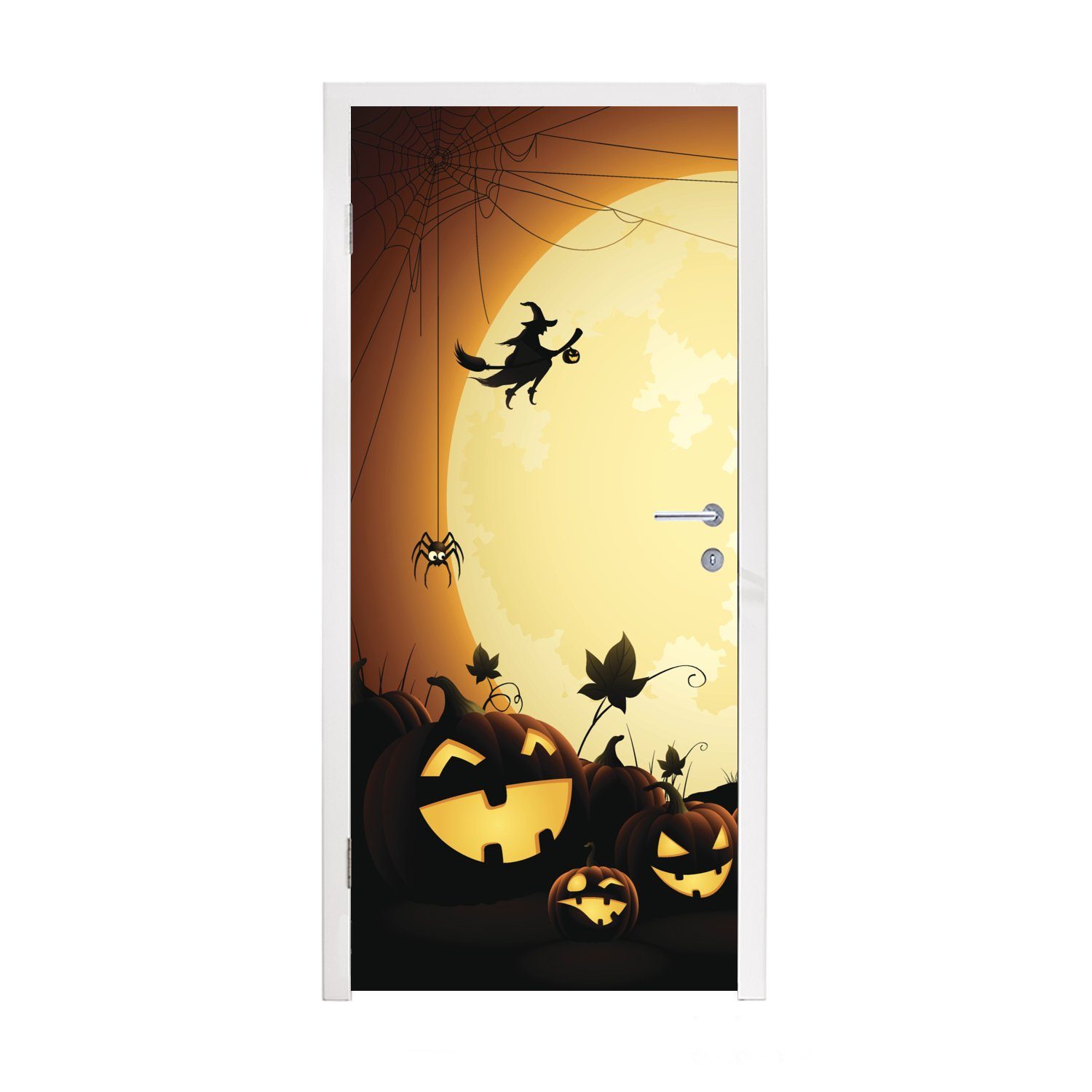 MuchoWow Türtapete Eine Illustration eines Schlosses mit Hexen und Kürbissen zu Halloween, Matt, bedruckt, (1 St), Fototapete für Tür, Türaufkleber, 75x205 cm