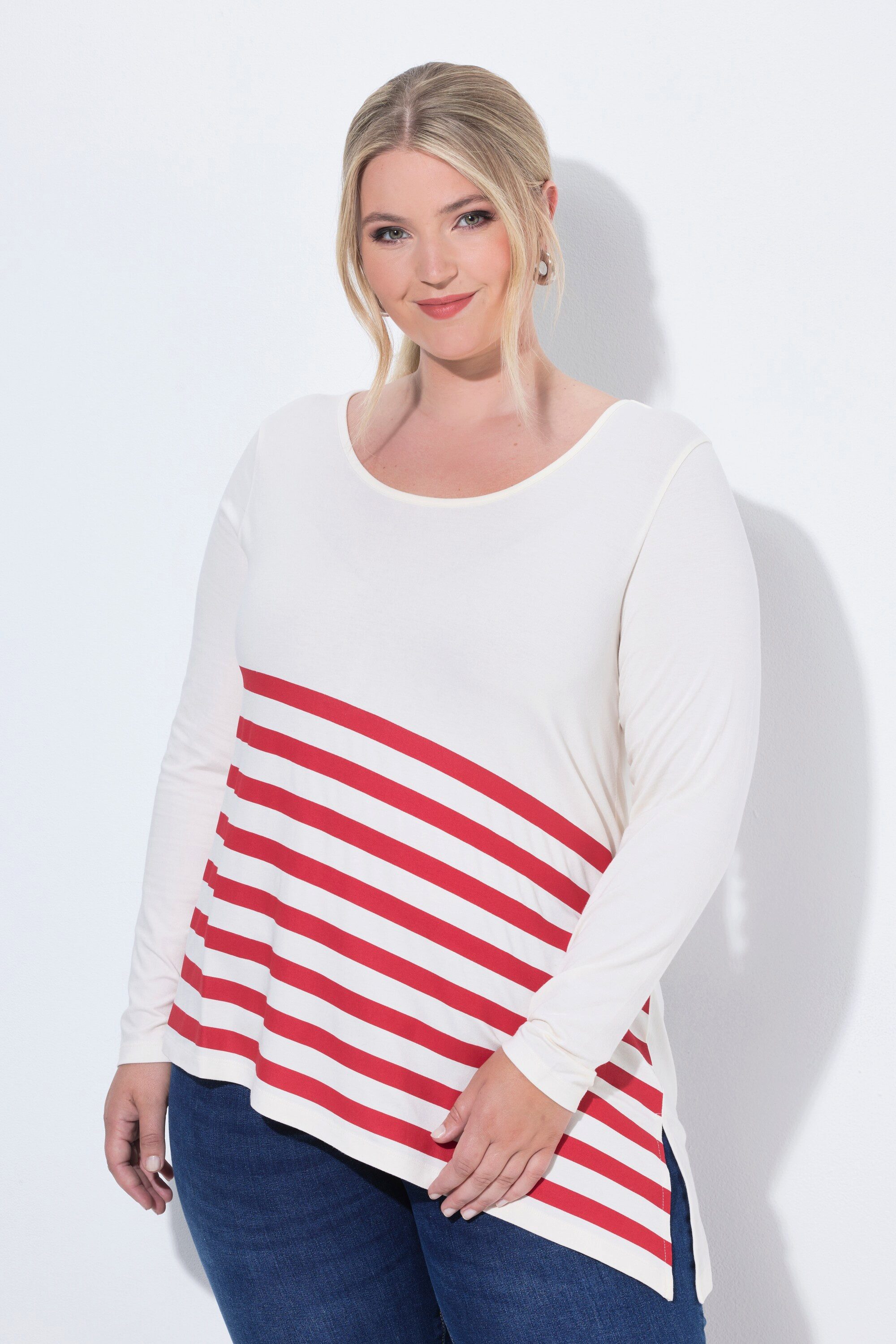 MIAMODA Longshirt Longsleeve A-Linie Streifen-Zipfelsaum
