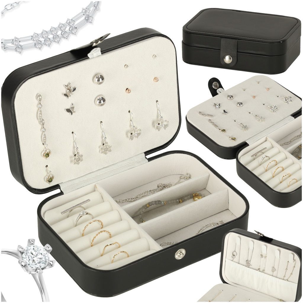 Ikonka Schmuckkassette Schmuckkästchen Schmuck Organizer mit Fächern Kettenhaken schwarz (Schmuck Organizer Box mit Fächern Kettenhaken schwarz kompakt, Schmuckkästchen schwarz mit Ringfächern Kettenhaken kompakt), Ringfächer Kettenhaken kompakt weich ausgekleidet schwarz Box