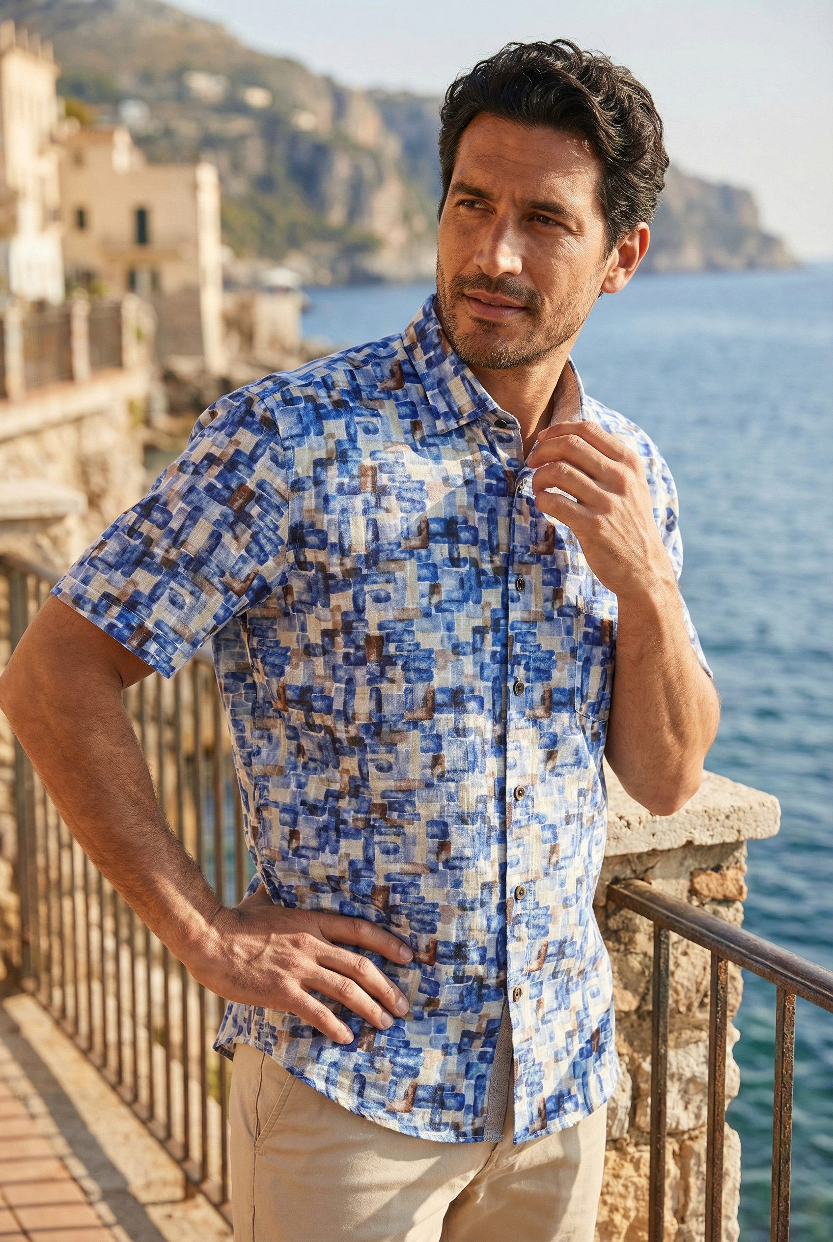 Haupt Kurzarmhemd Kurzarm Herrenhemd aus Baumwolle Print Navy Modern Fit für Sommer